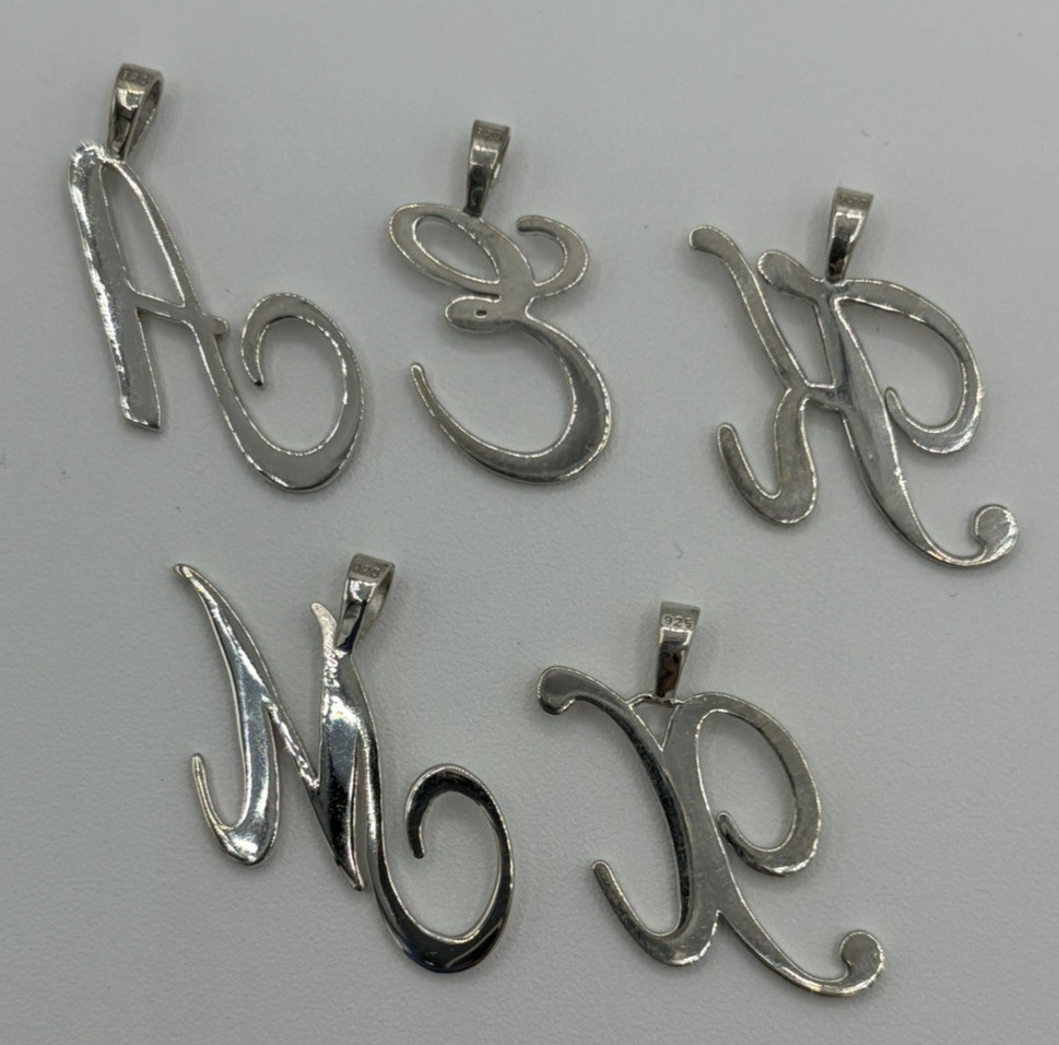 Lot of 5 Sterling Silver 925 Script Initial Letter Pendant A E K M X Charms 8.1g