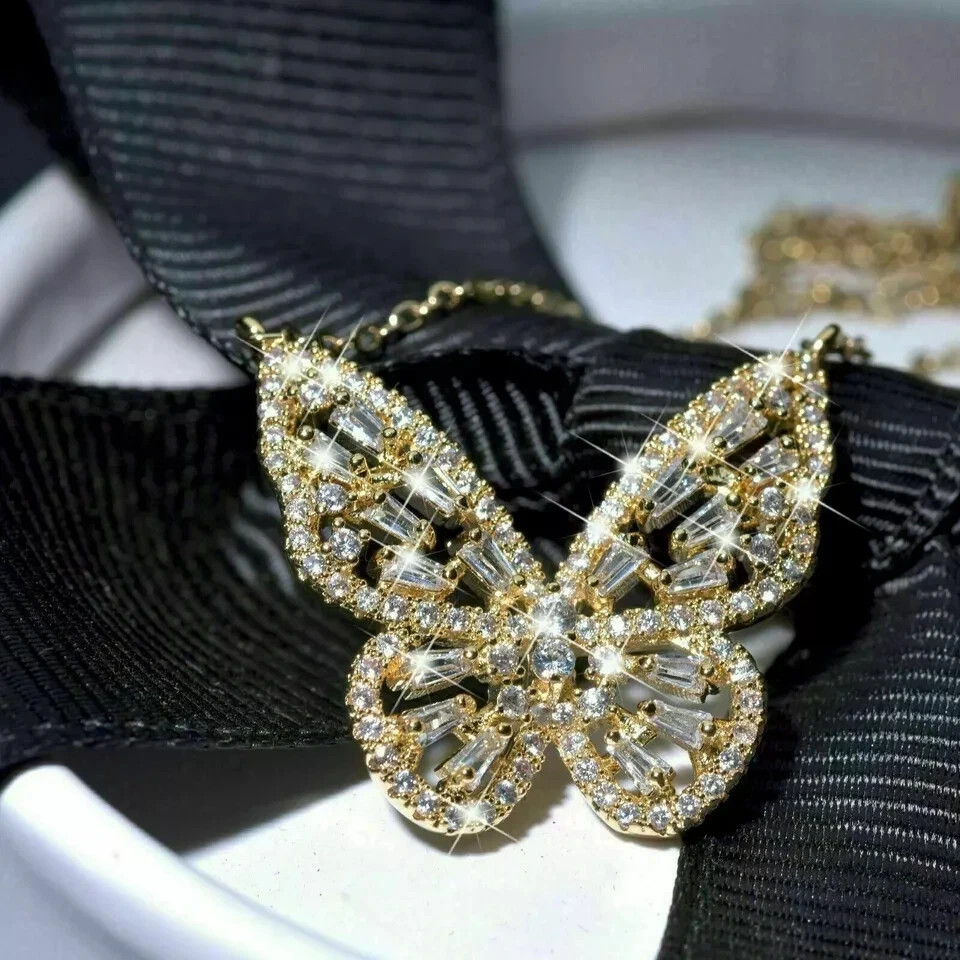 3Ct Baguette Cut VVS1 Diamond Butterfly Pendant 14K Yellow Gold Over Free Chain
