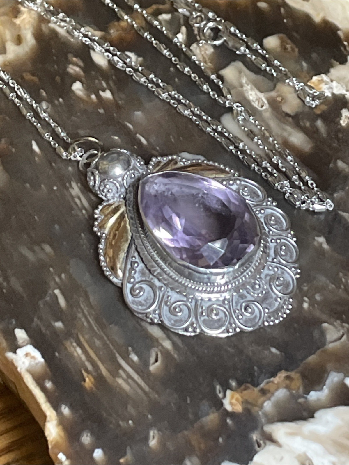 Faceted Amethyst And Sterling Silver Gold Accents Boho 23.5” Pendant Necklace