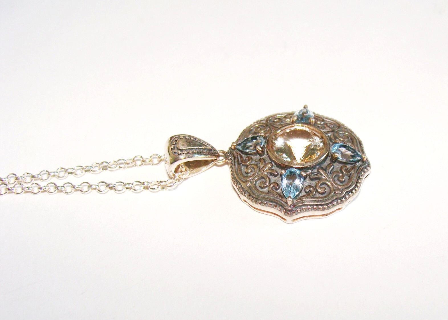 HT Sterling Silver Citrine Blue Topaz Round Shield Ethnic Pendant & 18″ Necklace
