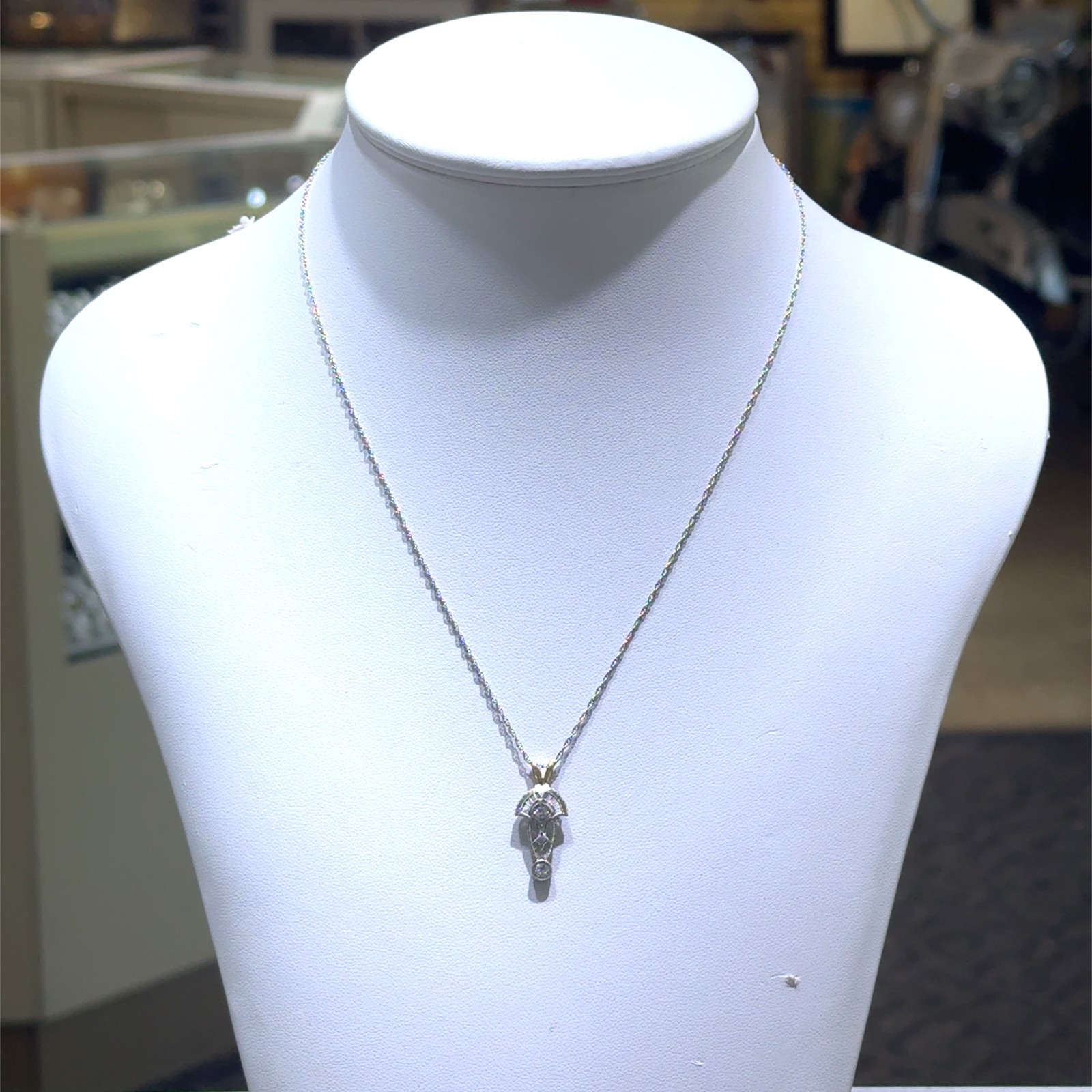 14k Yellow & White Gold Stamped & Platinum Diamond Art Deco Chain Necklace 18″