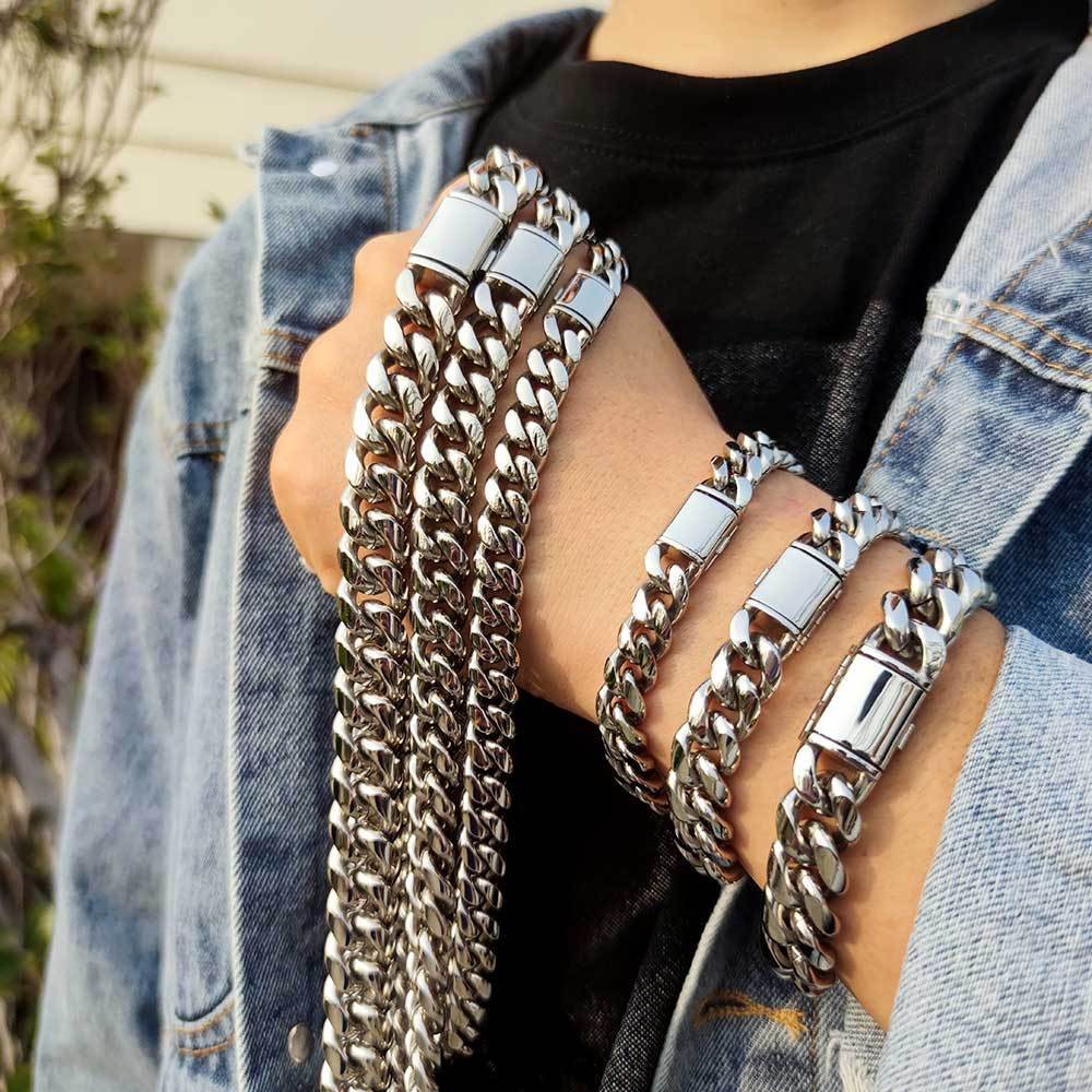 8-14mm Heavy Duty Stainless Steel Cuban Link Bracelet Necklace for Hip Hop Men