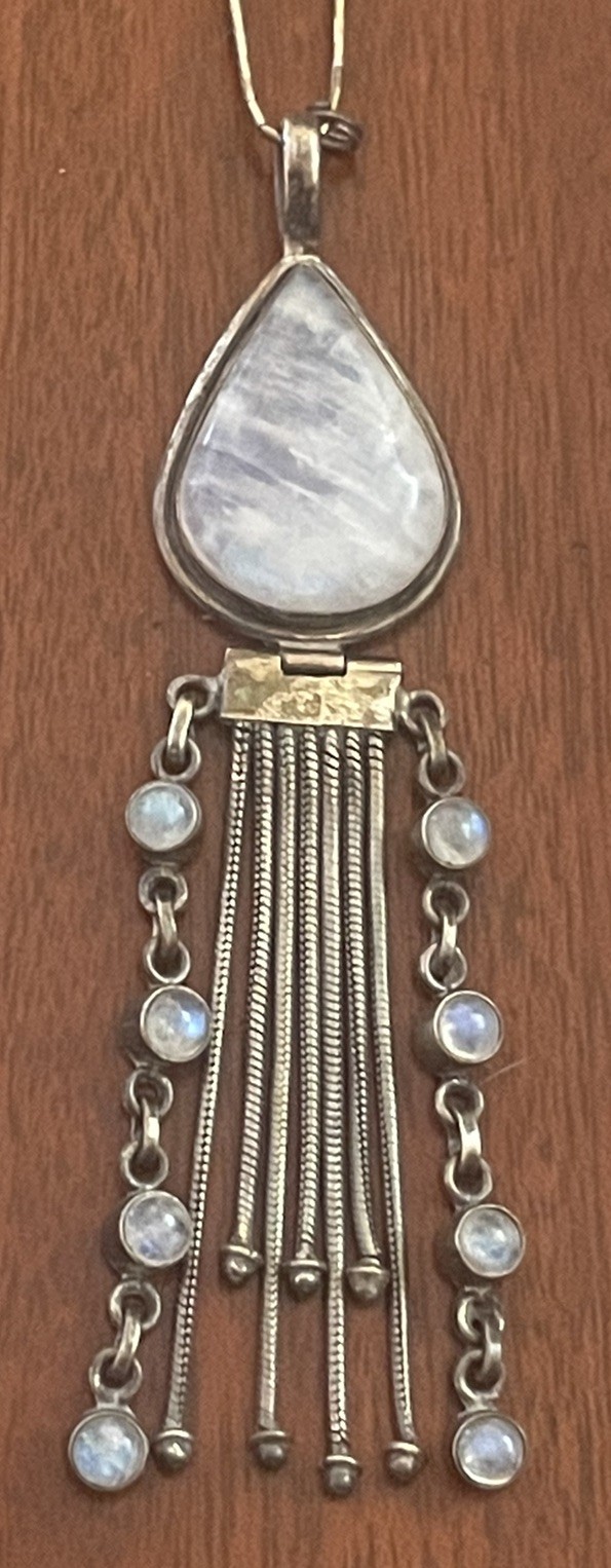 Sterling Silver 925 Necklace & 4 Inch Pendant Rainbow Moonstone Dangle Tassel