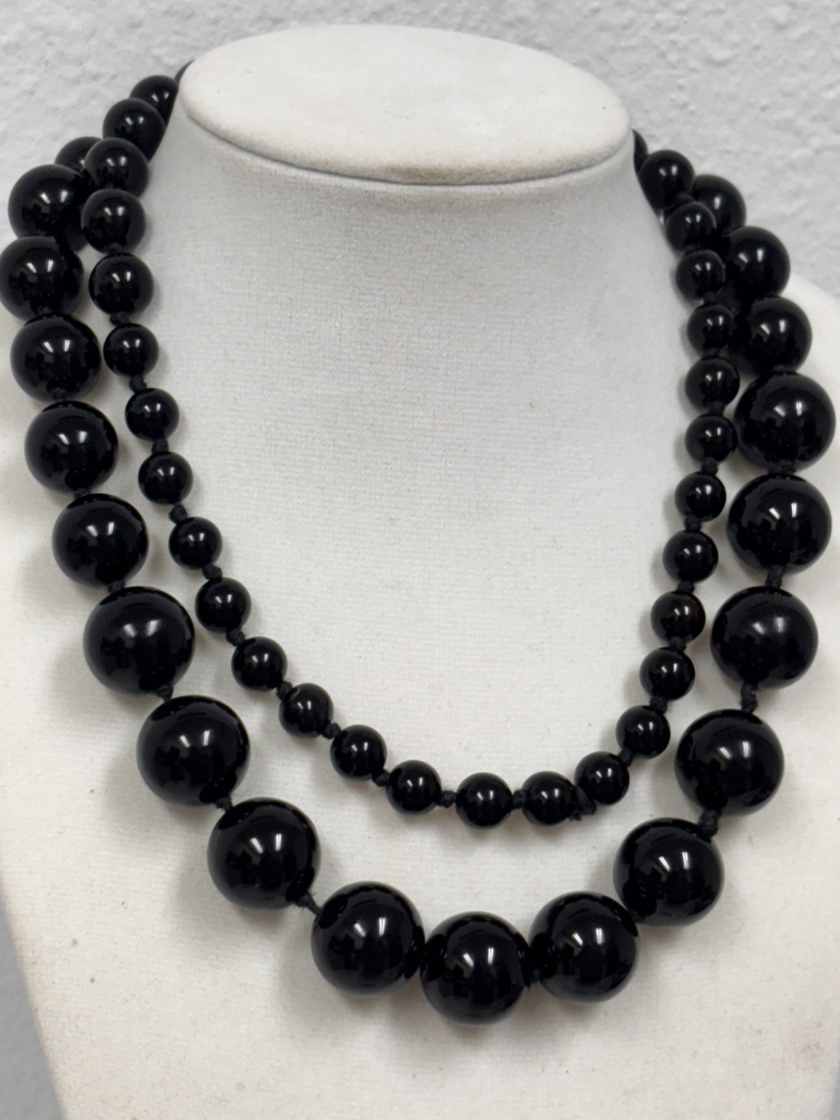 BLACK ONYX BEAD NECKLACE 32″ GRADUATED 5mm – 13mm ENDLESS KNOTTED WITH BRACELET