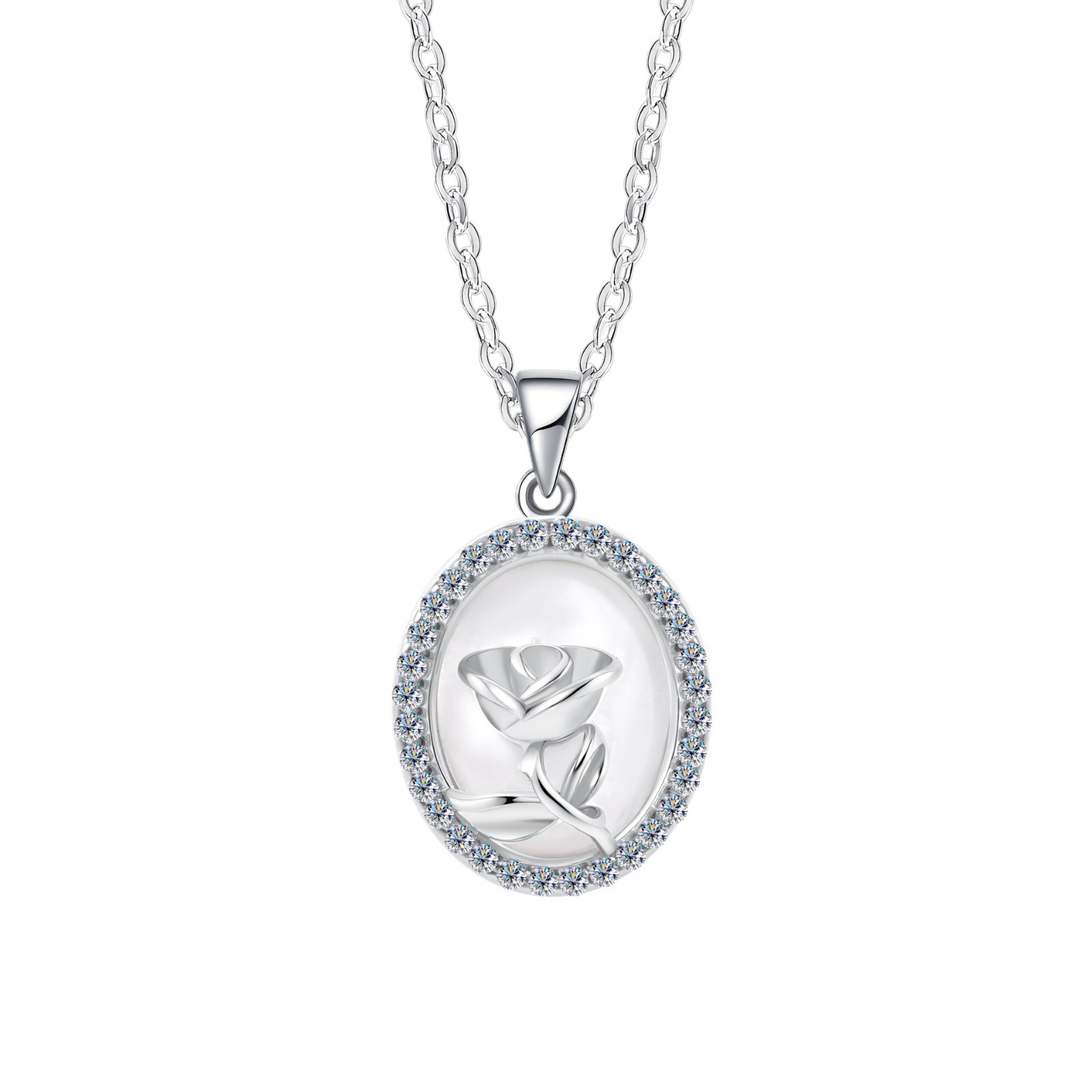 S925 Silver Oval Rose Pendant Necklace MOP Moissanite Korean Dainty Women Chain