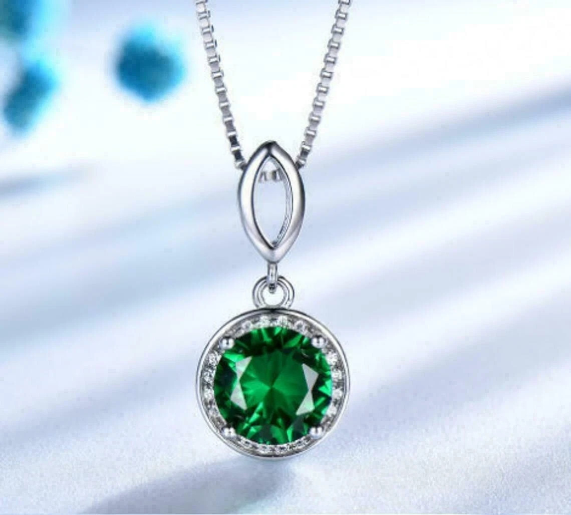 2Ct Round Cut Green Emerald Diamond Halo Pendant 14K White Gold Over Free Chain