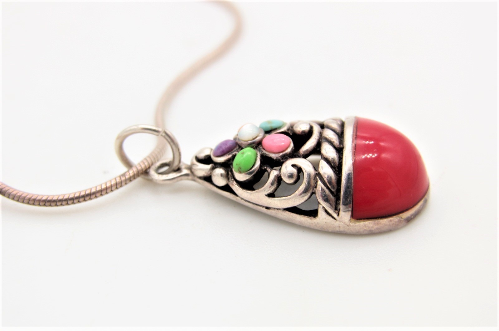 SX Thailand Sterling Egg Pendant Necklace w/Stone Inlay & Accents