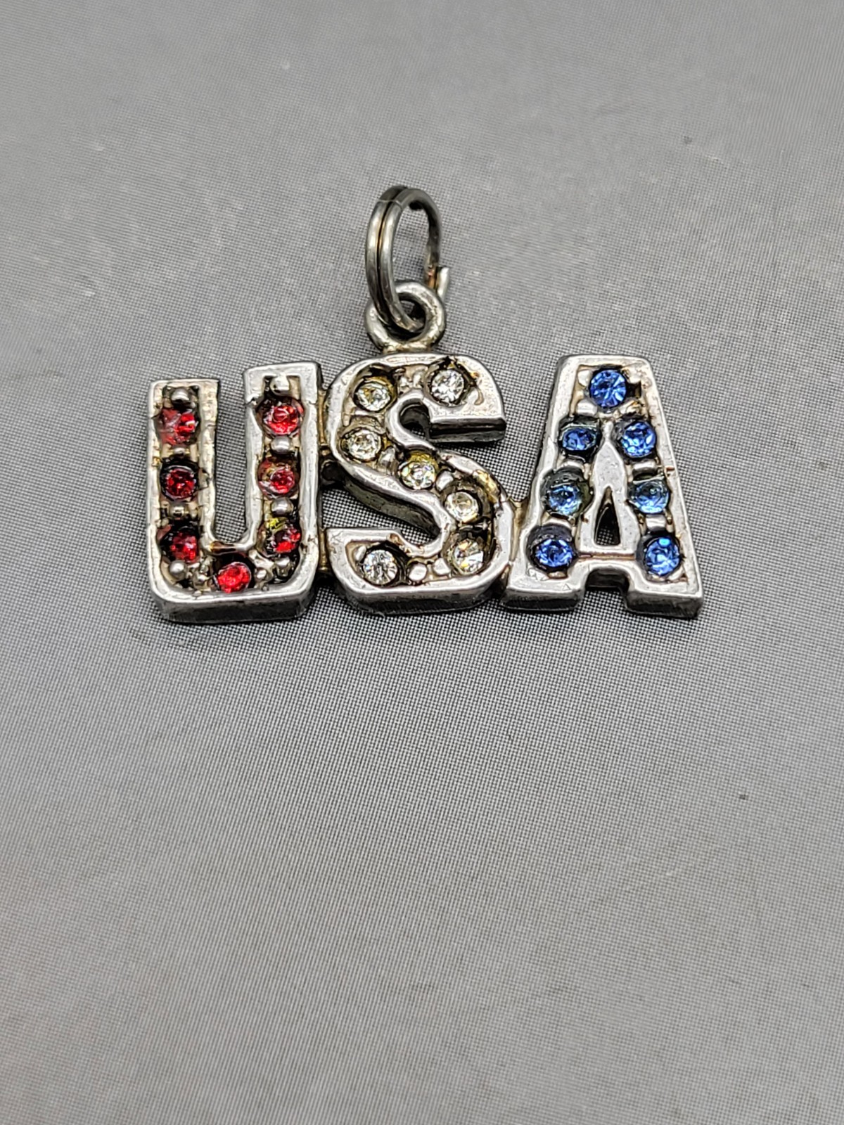 .925 Sterling Silver Red White Blue Crystals USA Pendant For 250TH Anniversary