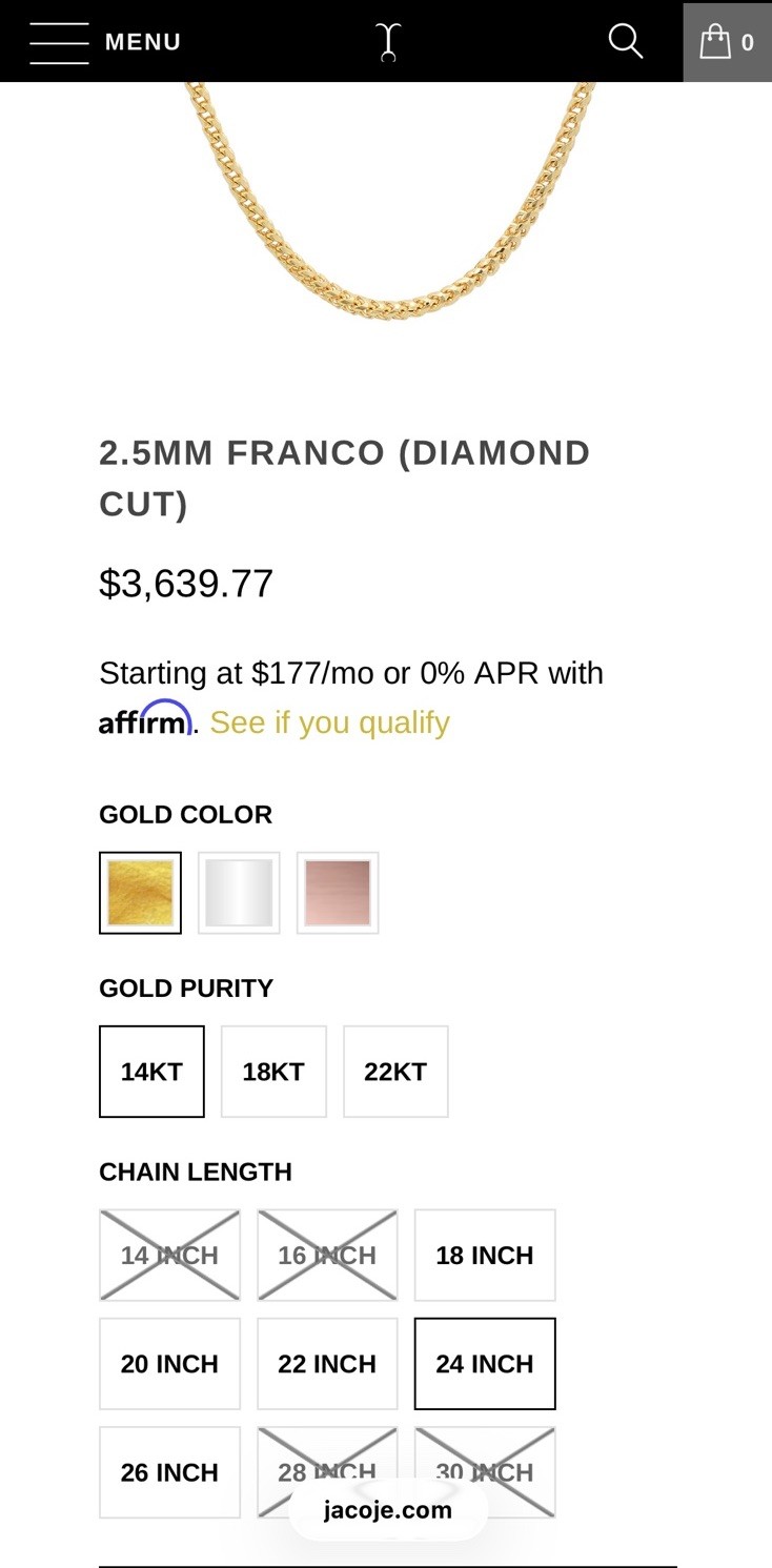 Jacoje 14K Yellow Gold Diamond Cut Franco Chain 2.5mm 24 Inch 21.7 Grams
