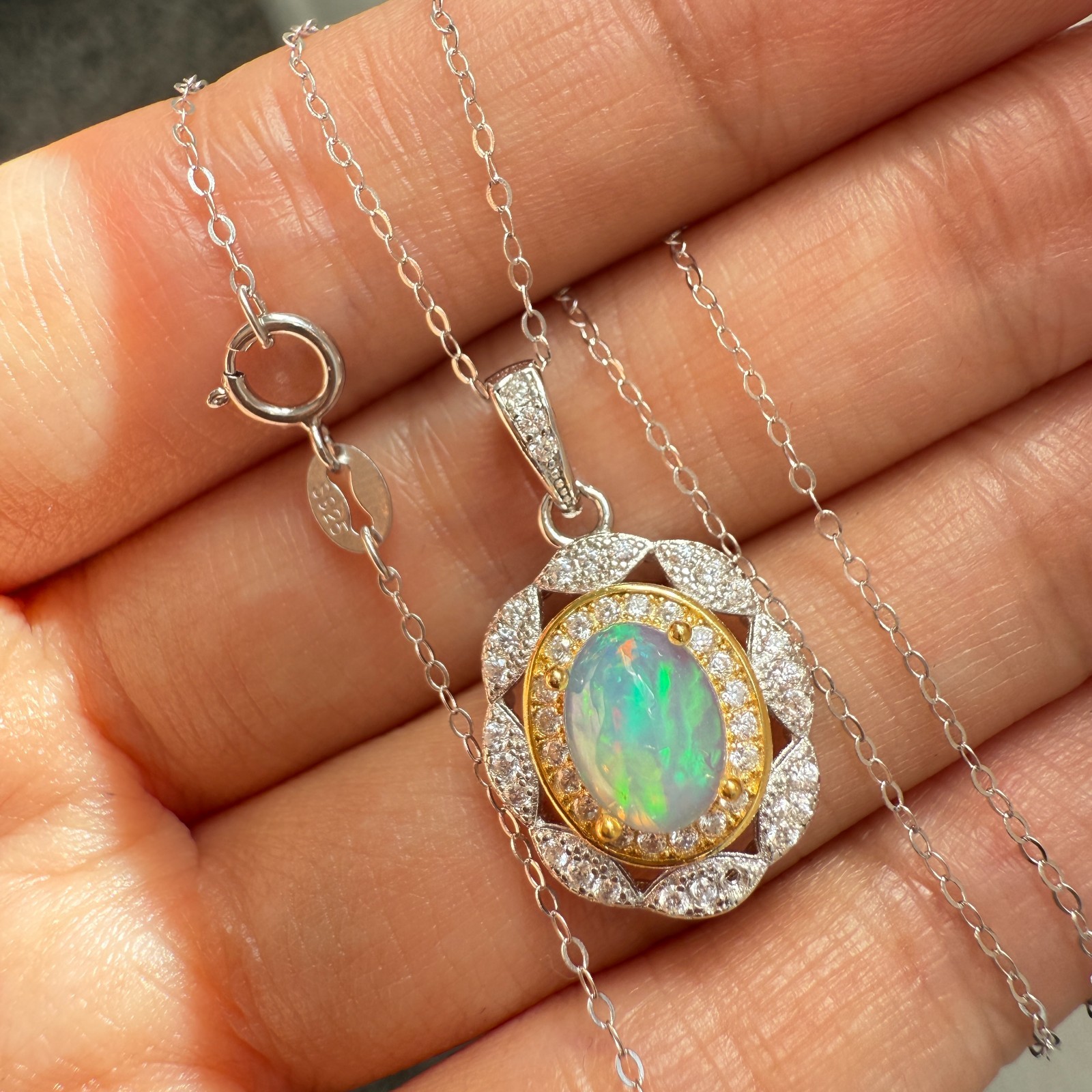 925 Sterling Silver Necklace 8x6mm Natural Opal Handmade Flower Birthstone