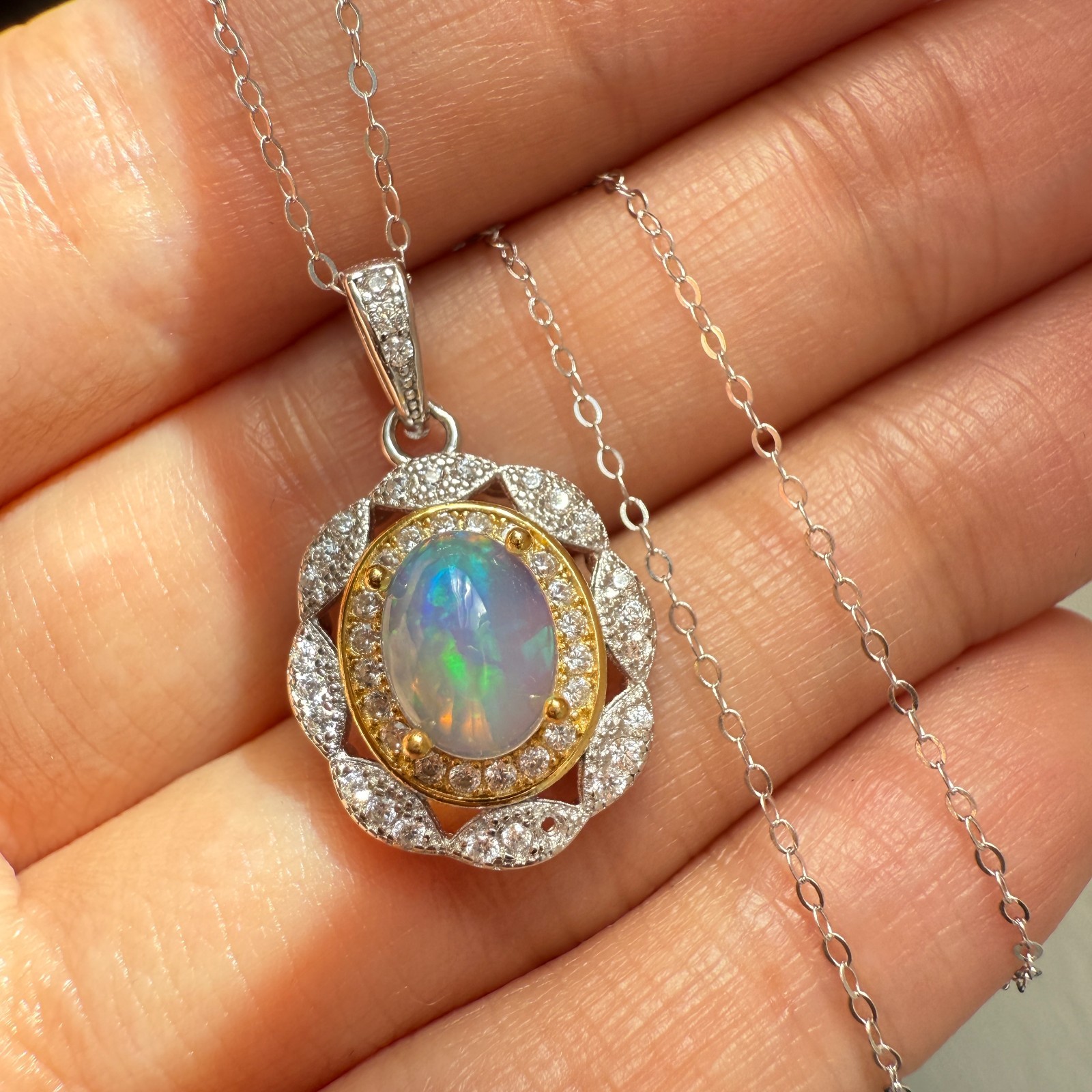 925 Sterling Silver Necklace 8x6mm Natural Opal Handmade Flower Birthstone