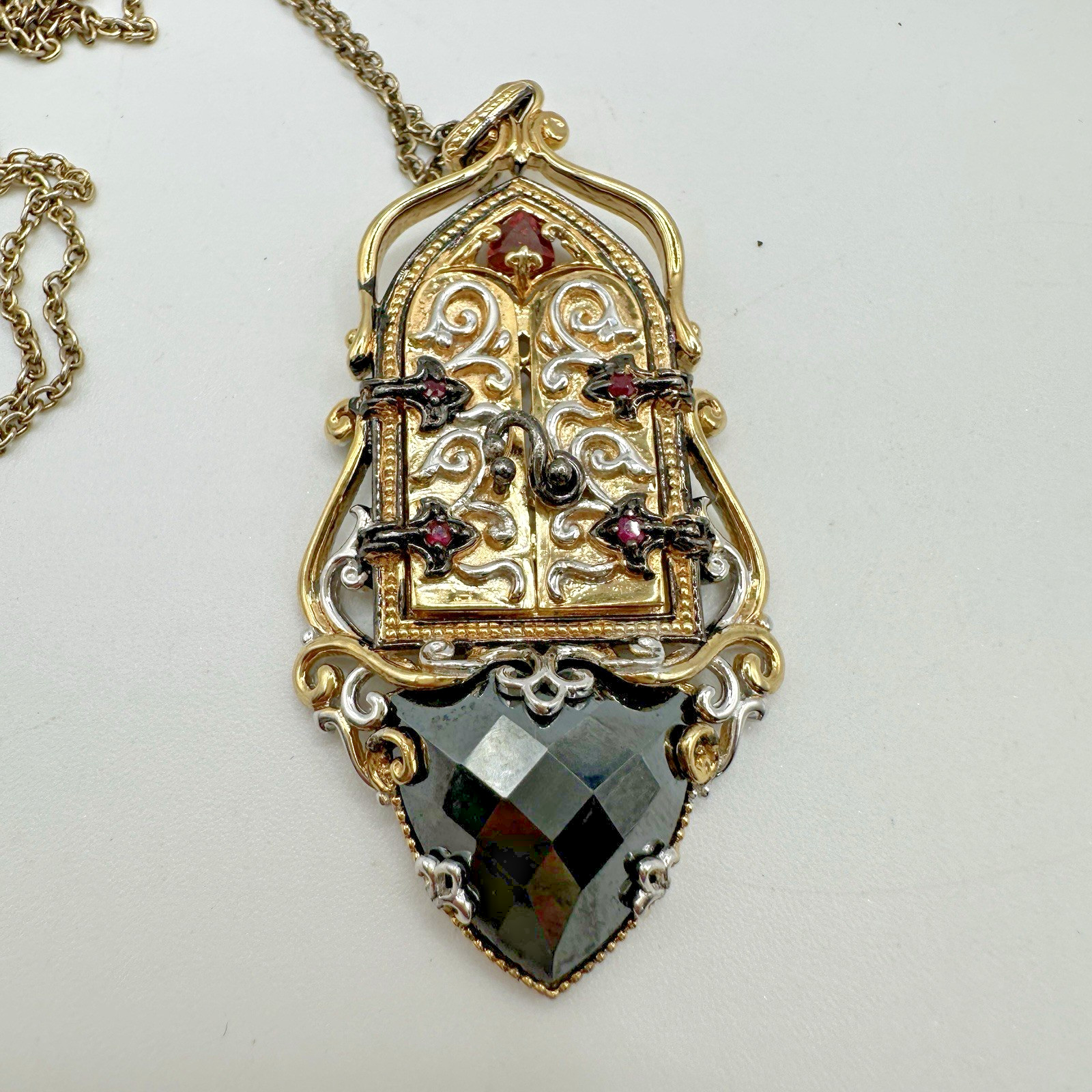 Michael Valitutti Sterling Silver Garnet Black Gemstone Opening Door Pendant 18”