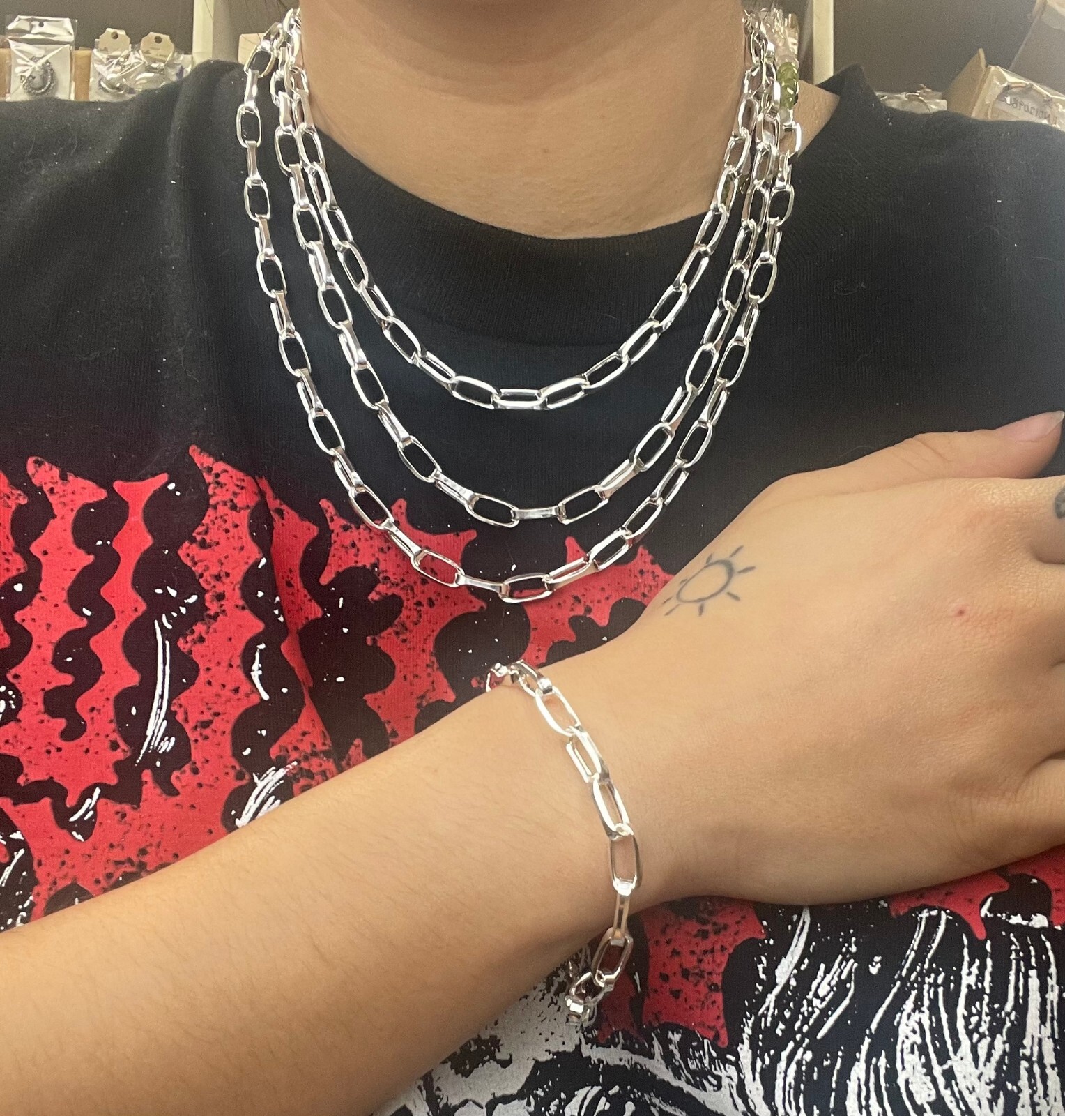 Silver Oval Scalloped Rolo Link Chain, Enlongated Link Chain, Italian Silver