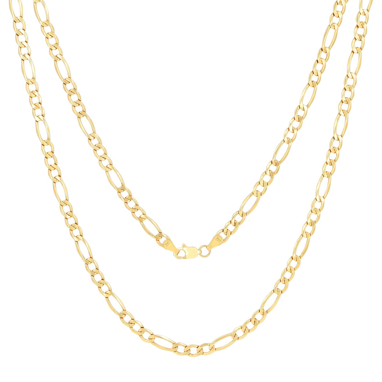 Real 14K Yellow Gold 3.5mm Italian Figaro Chain Link Pendant Necklace 16″- 26″