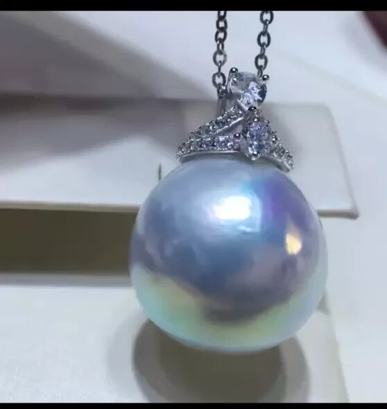 HUGE 18” 14-13mm White blue natural south sea pearl pendant S925 silver