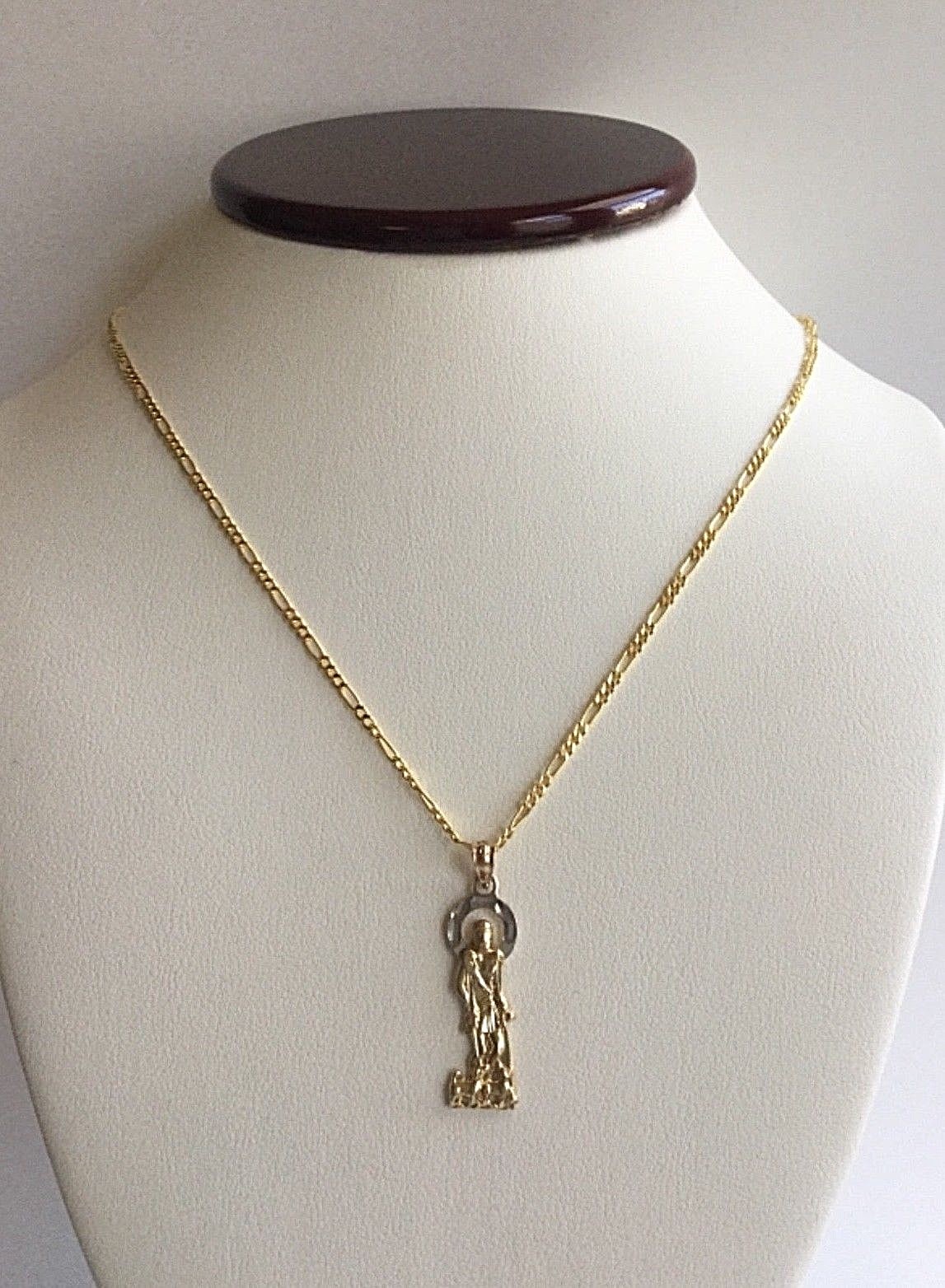 10K Solid Gold Saint Lazarus Pendant – 10K Real Gold 2mm Figaro 20″ Chain -3.2gr