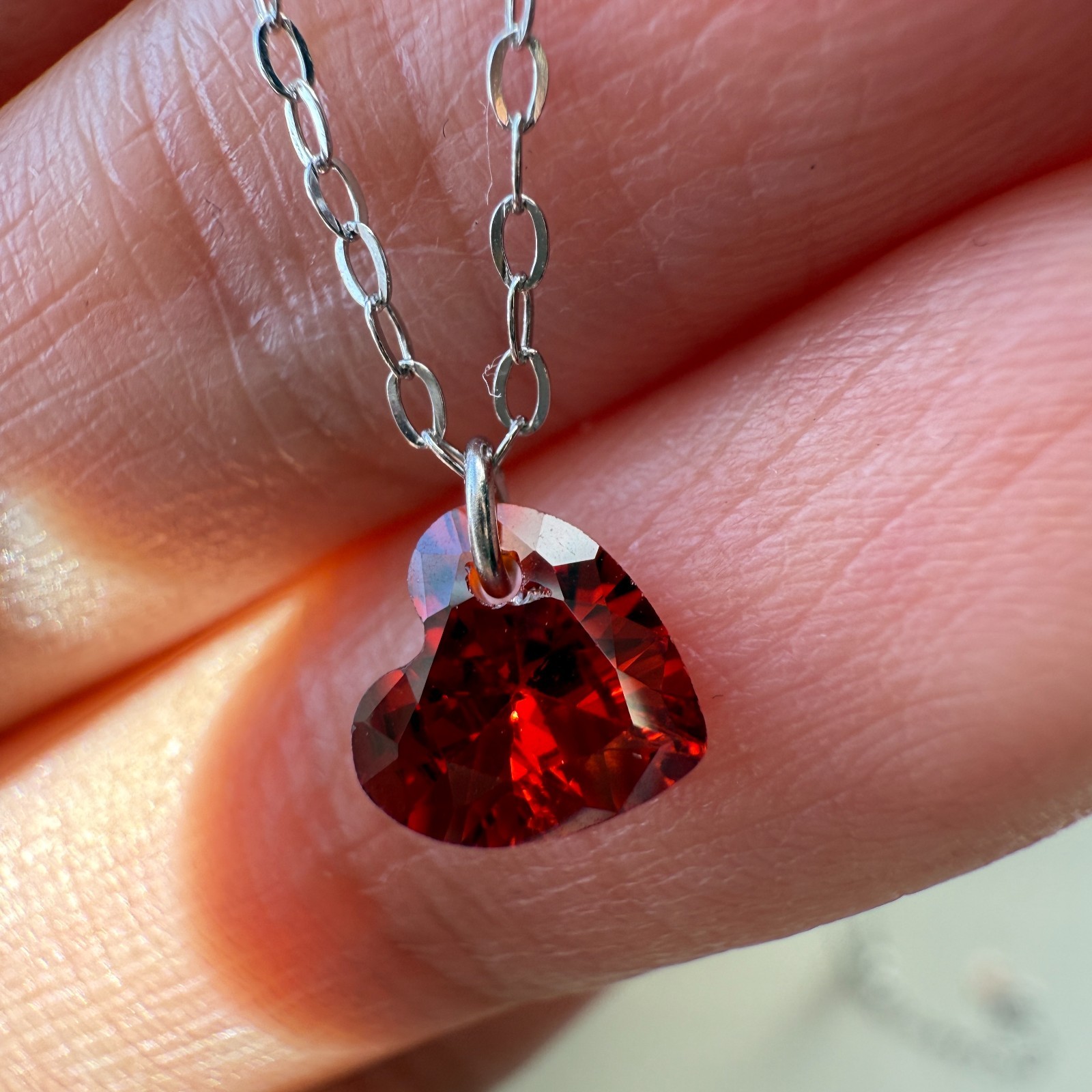 925 Sterling Silver Necklace 6mm Heart Red Natural Zircon Gemstone Chain Gift