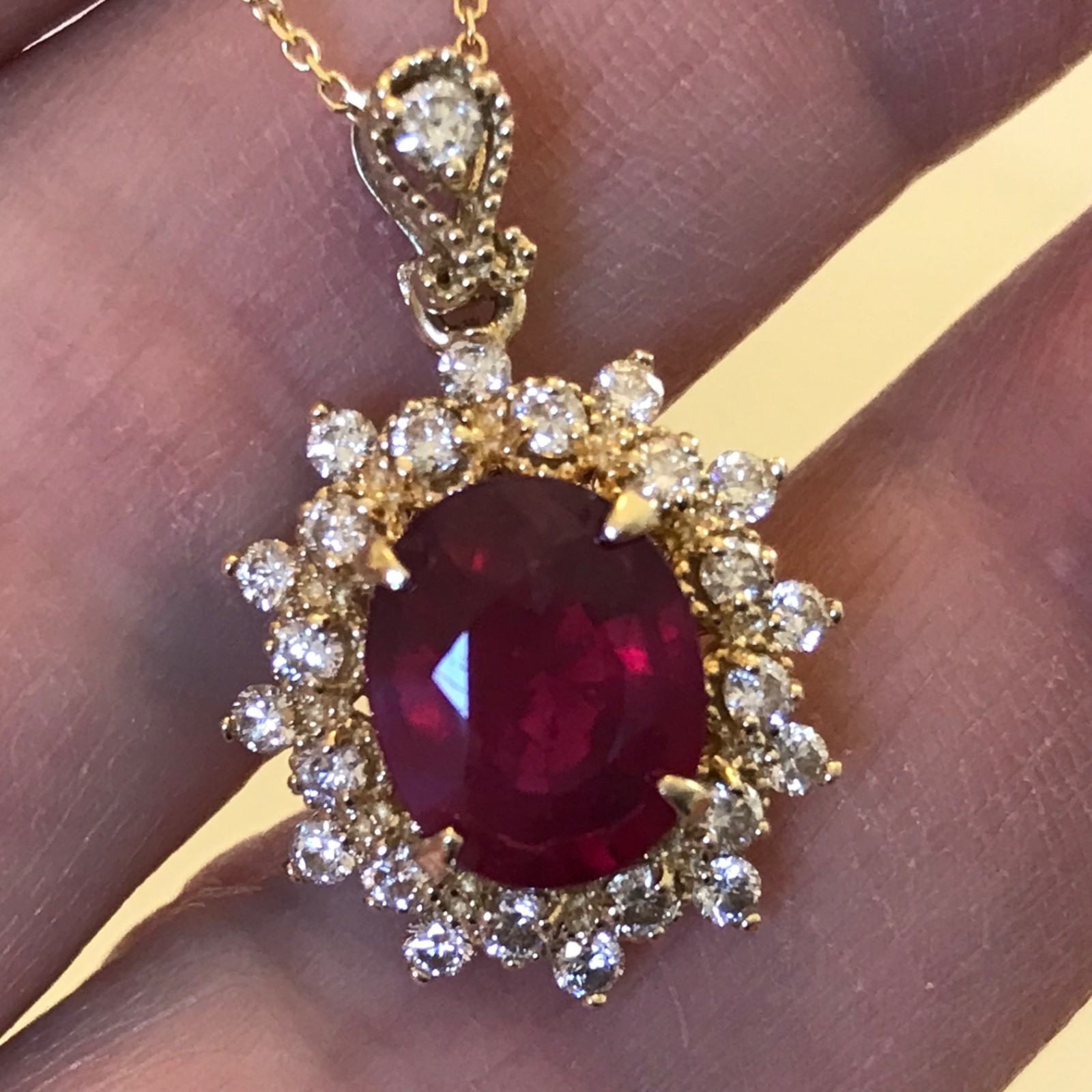 14k diamond ruby necklace halo 18″ chain pendant 1″ yellow gold 4g glass filled