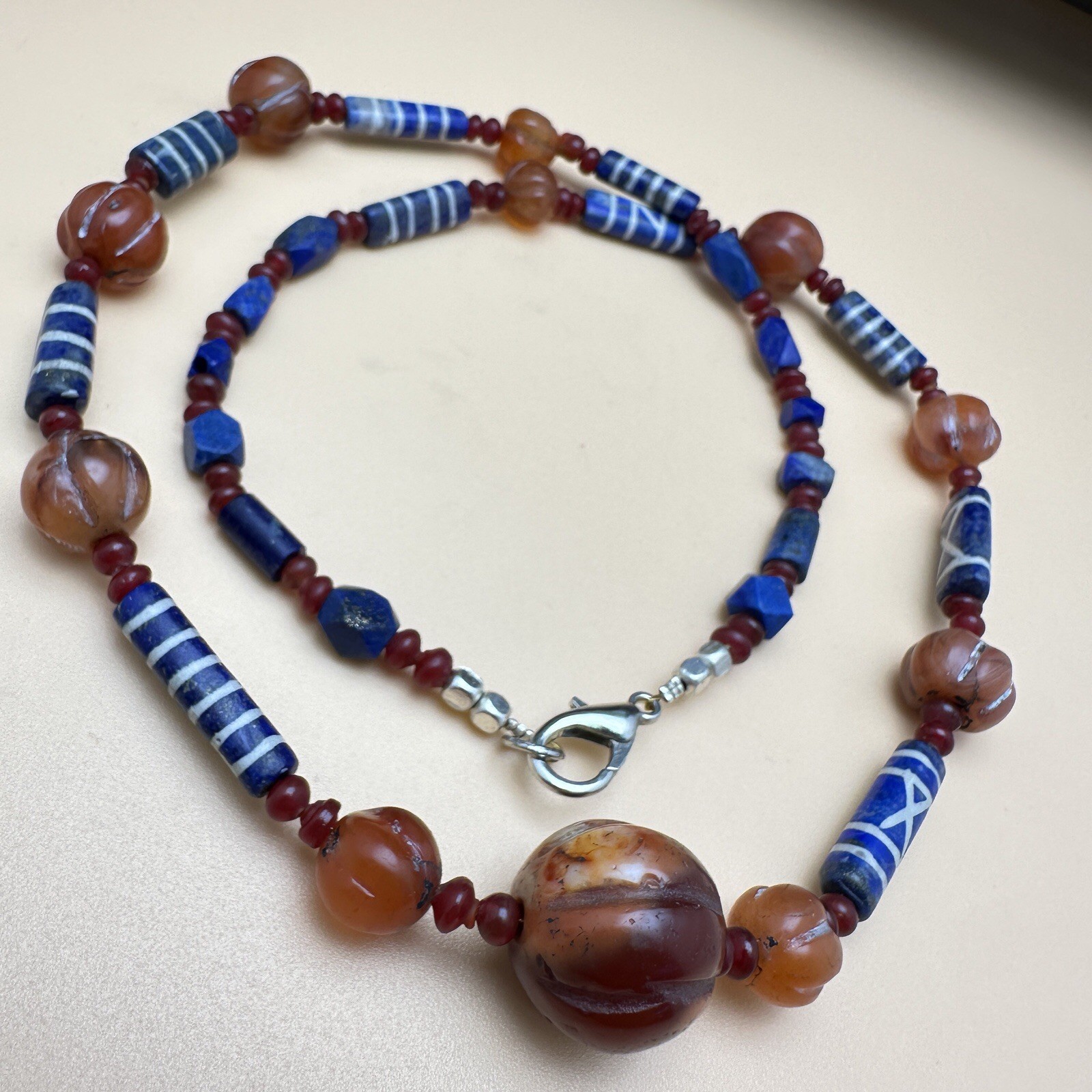 Genuine Antique Etched Lapis Carnelian Pyu Culture Beaded Beautiful Necklace