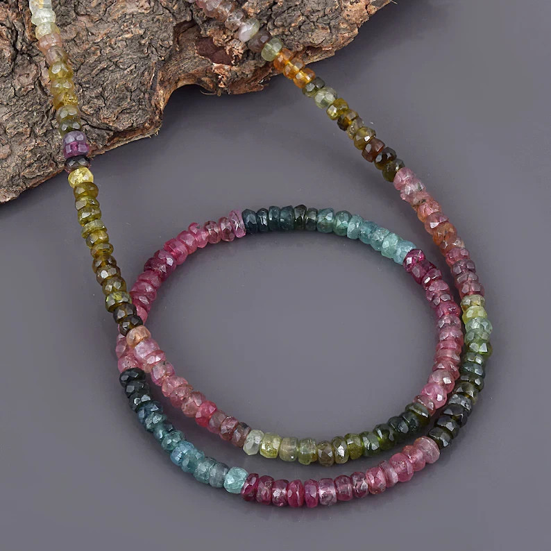 Natural Multicolor Tourmaline Necklace Faceted Rondelle Beads 925 Silver Chain