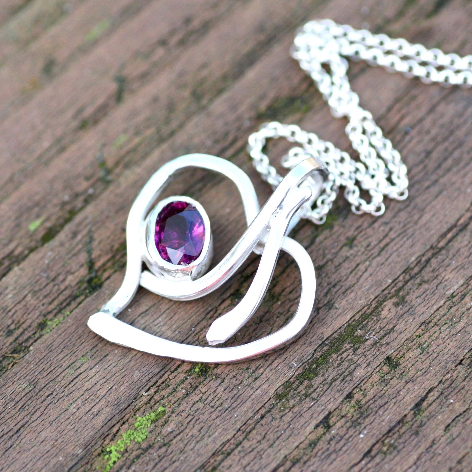Natural Rhodolite Garnet Heart Music Note Pendant Sterling Silver , January Birt