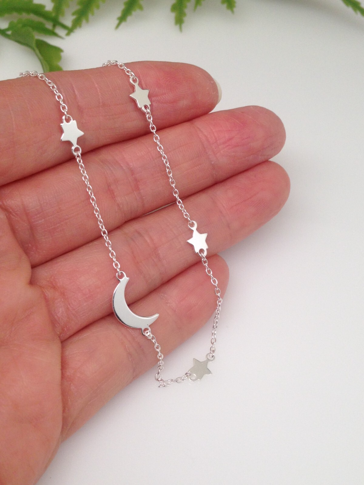 925 Sterling Silver Star Crescent Moon Station Choker Necklace Tiny 4/10mm 15.5″