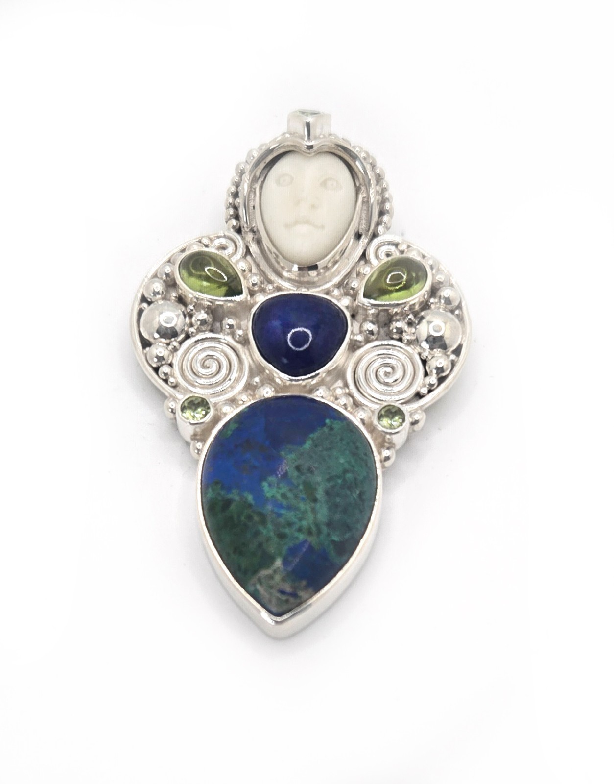 Sterling Silver Boho Goddess Maiden Pendant 925 Lapis Azurite, Peridot and Bone