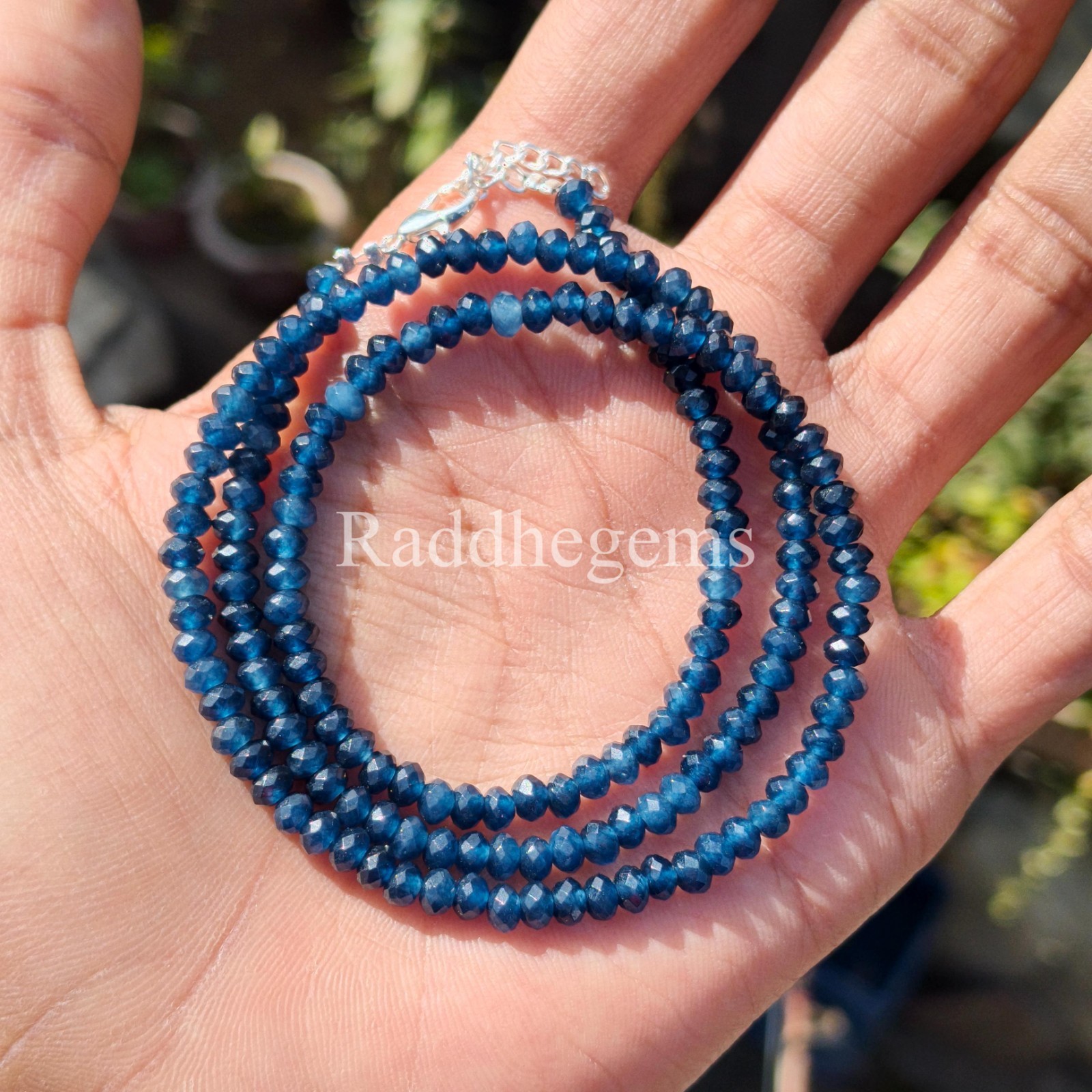 Blue Sapphire Jade Necklace, 4mm Faceted Rondelle Beaded Necklace, Dainty Blue