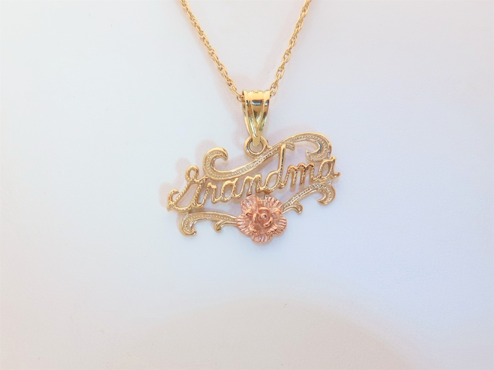 Gold Grandmother Necklace Grandma Jewelry Gift 14K Solid Gold Rose 24″ PN049