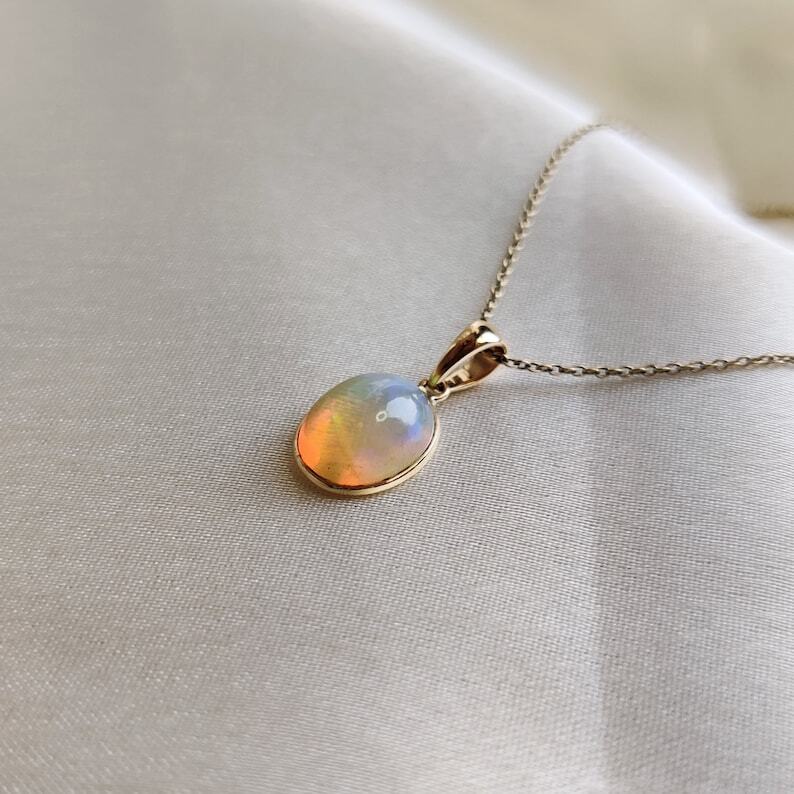 10K Solid Gold Natural Ethiopian Opal Handmade Dainty Pendant For Her Gift