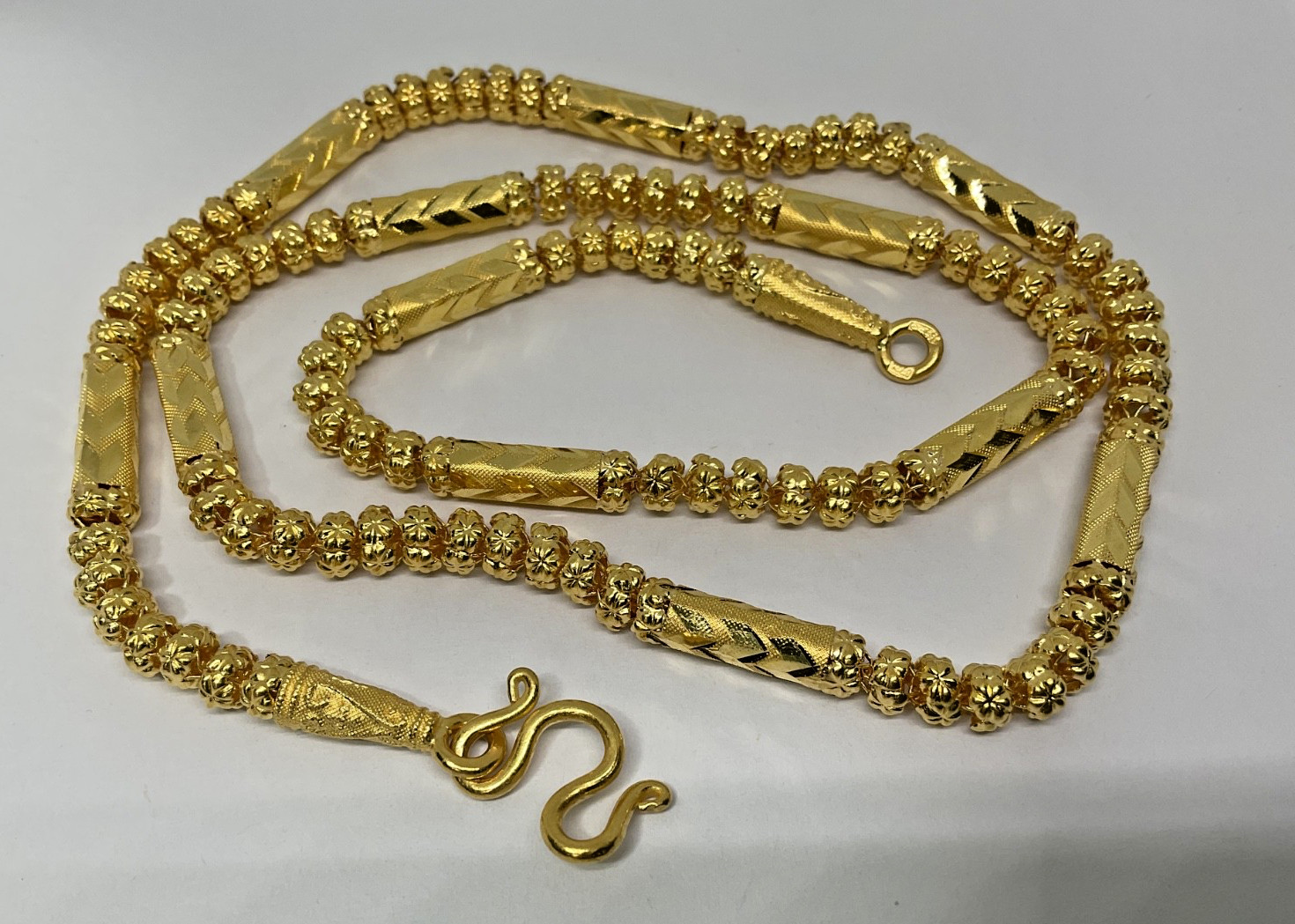 Thai 23K Solid Yellow Gold Bead Bamboo Link Necklace 30.5 Grams Tested 24″ long