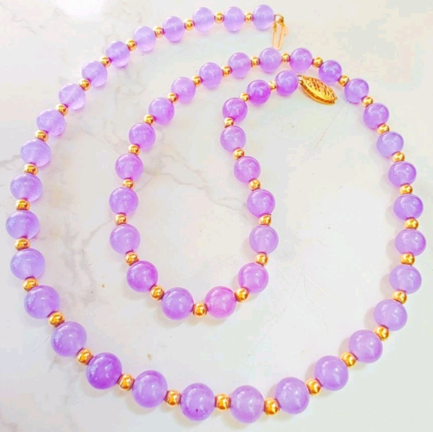 14K Yellow Gold Lavender Jade Beaded Ball Necklace 6mm 18.5” 21.3 Grams GSJ Vtg