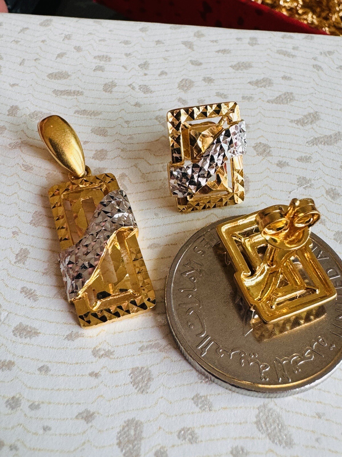 22K 916 22CT Fine Real Gold Unique Two tone Earring & Pendant 8.2G