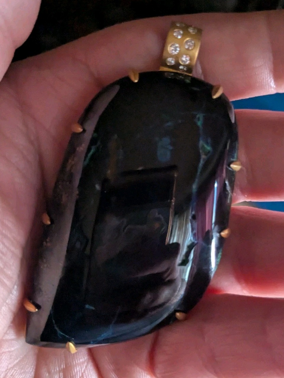 10k Yellow Gold Diamond Bail Blue Azurite Gemstone Large Pendant OOAK Women’s