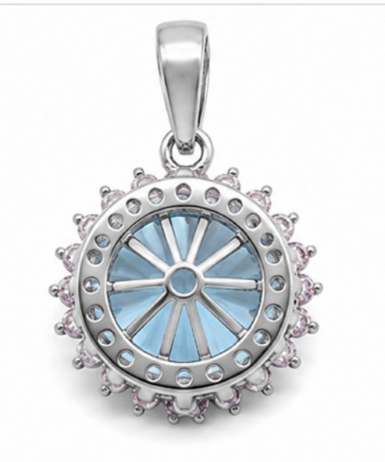 925 Sterling Silver Natural Fancy Cut Blue Topaz & Pink Moissanite Halo Pendant