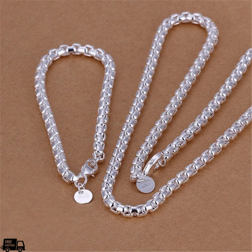 Silver Plated Box Chain Necklace Bracelet Set 4mm Round Chain Unisex Jewelry gif