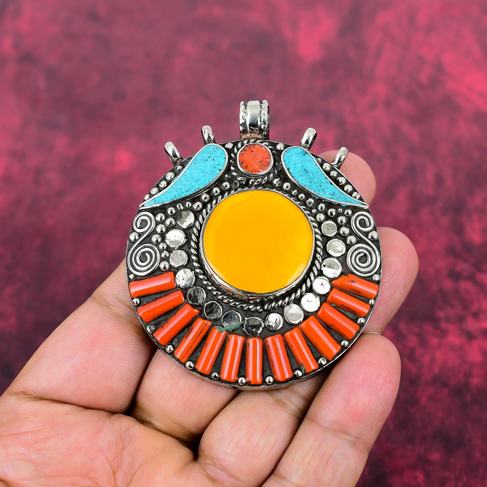 Turquoise, Coral Gemstone Handmade 925 Sterling Silver Nepali Pendant Jewelry