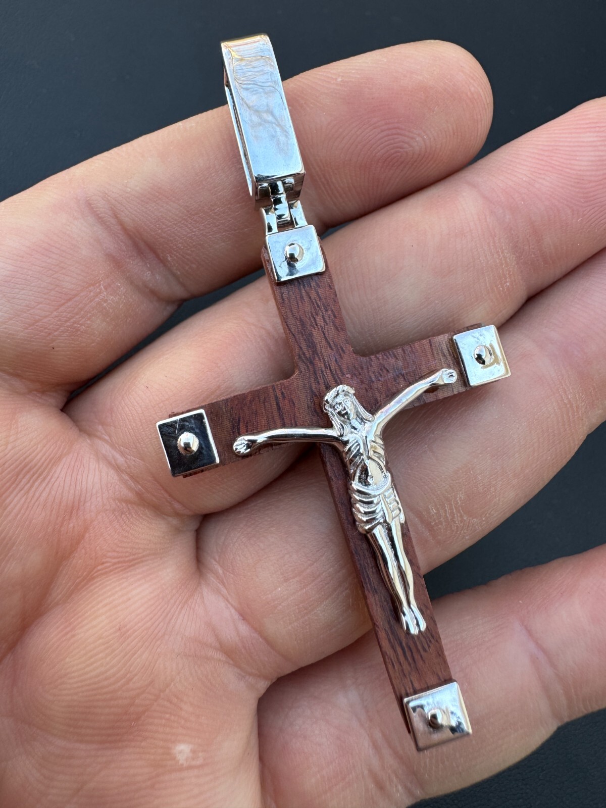 Plain Real 925 Silver & Natural Wood Jesus Cross Pendant Necklace ITALY Handmade