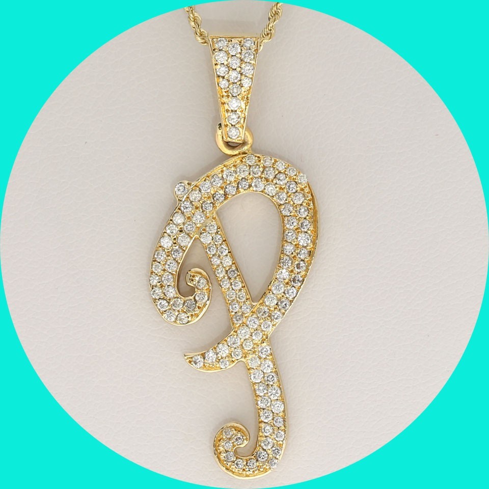 Natural Diamond Large Initial P Pendant Necklace 1.20CT 14K YG 20.5” Chain
