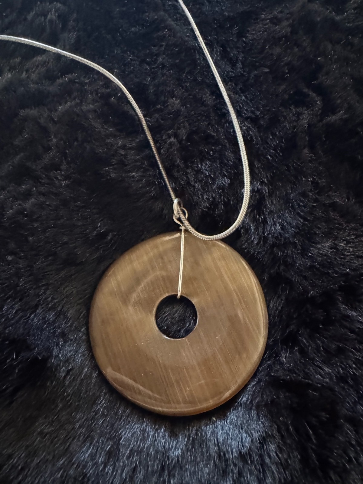 Unique Sterling Silver Chain with Stone Shell Style Taupe Brown Round Pendant
