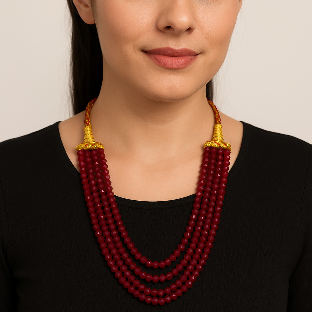 Natural 5 Strand Red Garnet Round Faceted Beads Necklace