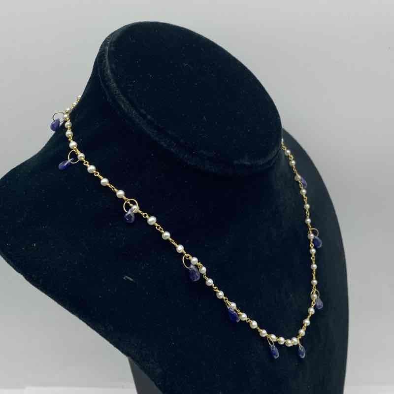 14K Yellow Gold Blue Topaz Pearl Station Dangle Necklace 17.25″ 7.28g