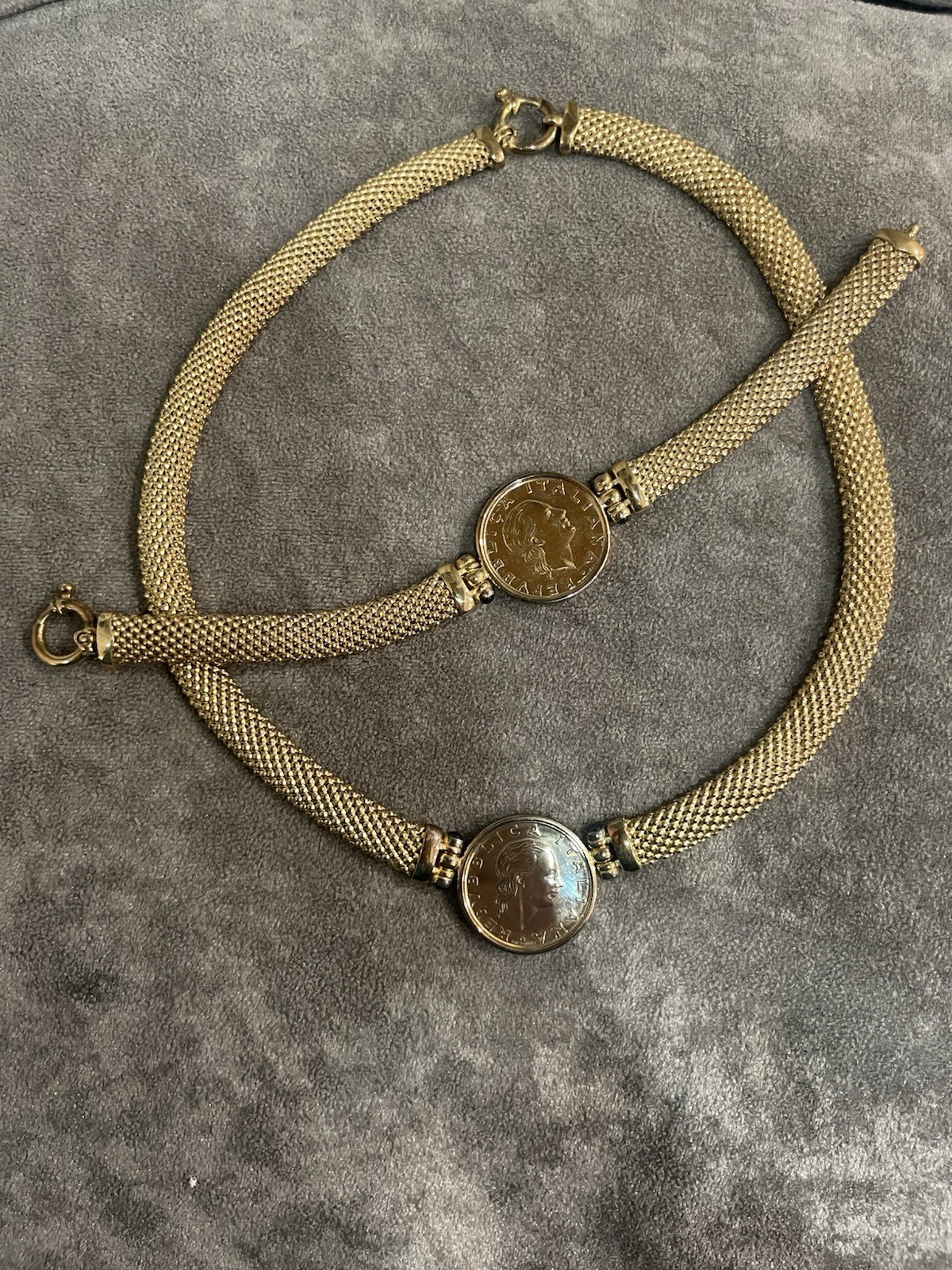 Sterling Silver 925 Vermeil Italy Lire Coin Necklace And Bracelet Set Mesh Chain
