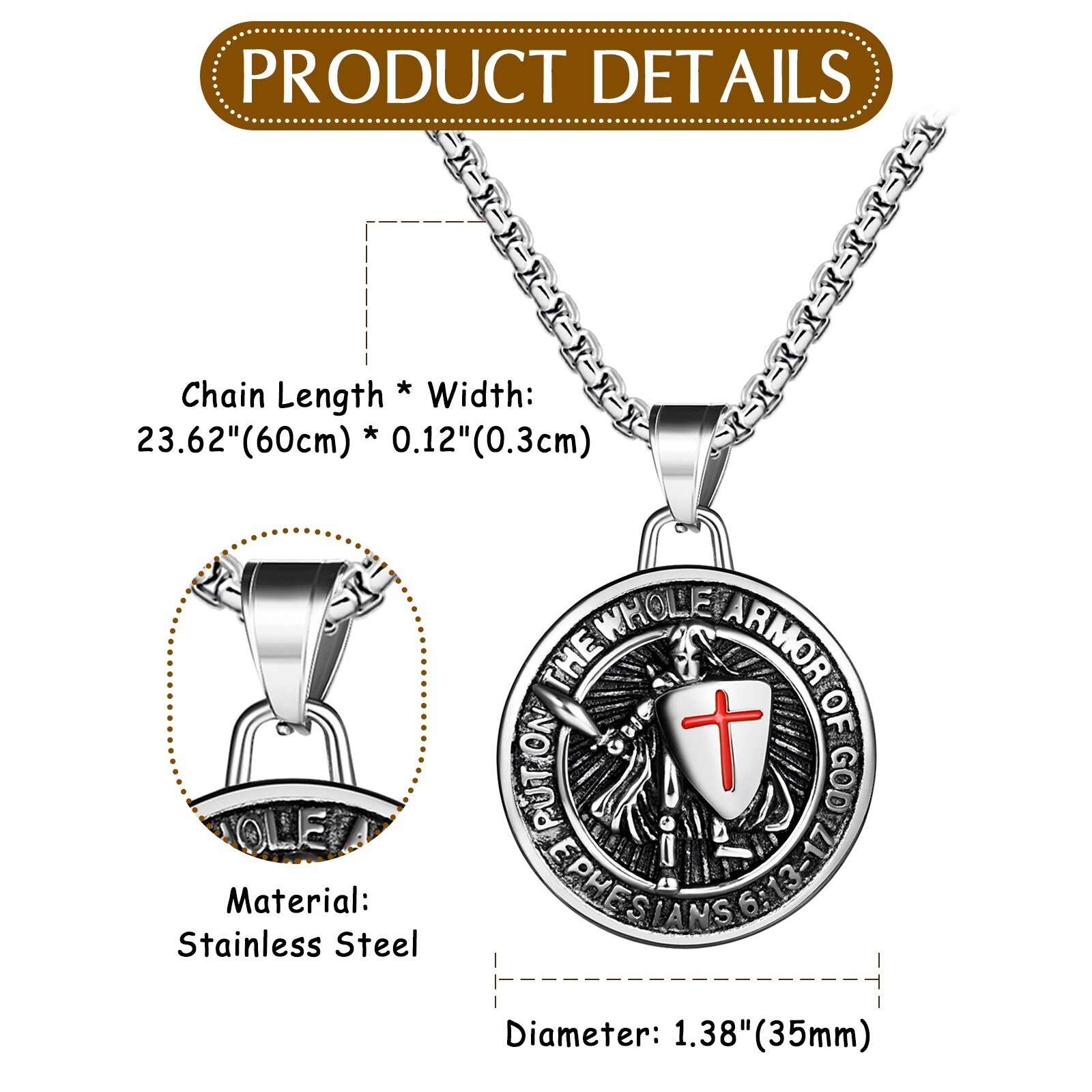 Round Shield Archangel Saint Michael Stainless Steel Medal Amulet Men’s Necklace