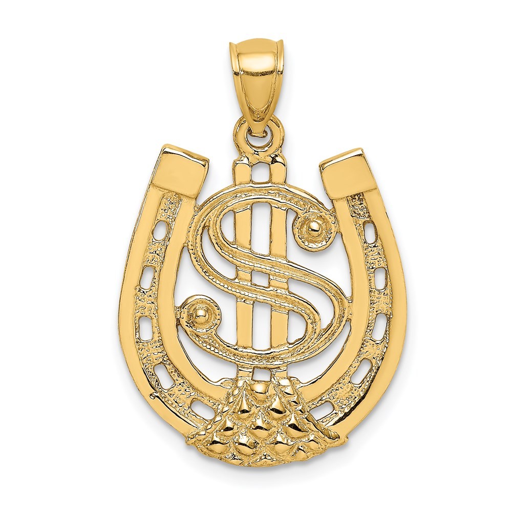 14k Yellow Gold Dollar Sign In Horseshoe Charm Pendant L-1.08 Inch, W-0.78 Inch