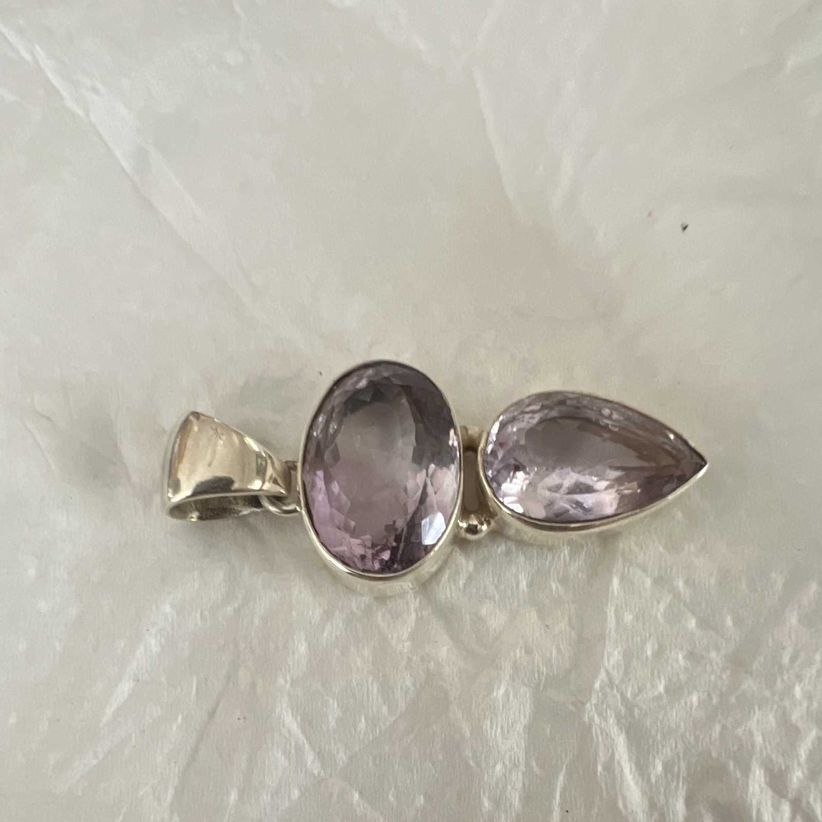 925 Sterling Silver Amethyst Double Stone Teardrop Pendant, Bezel Set, Signed