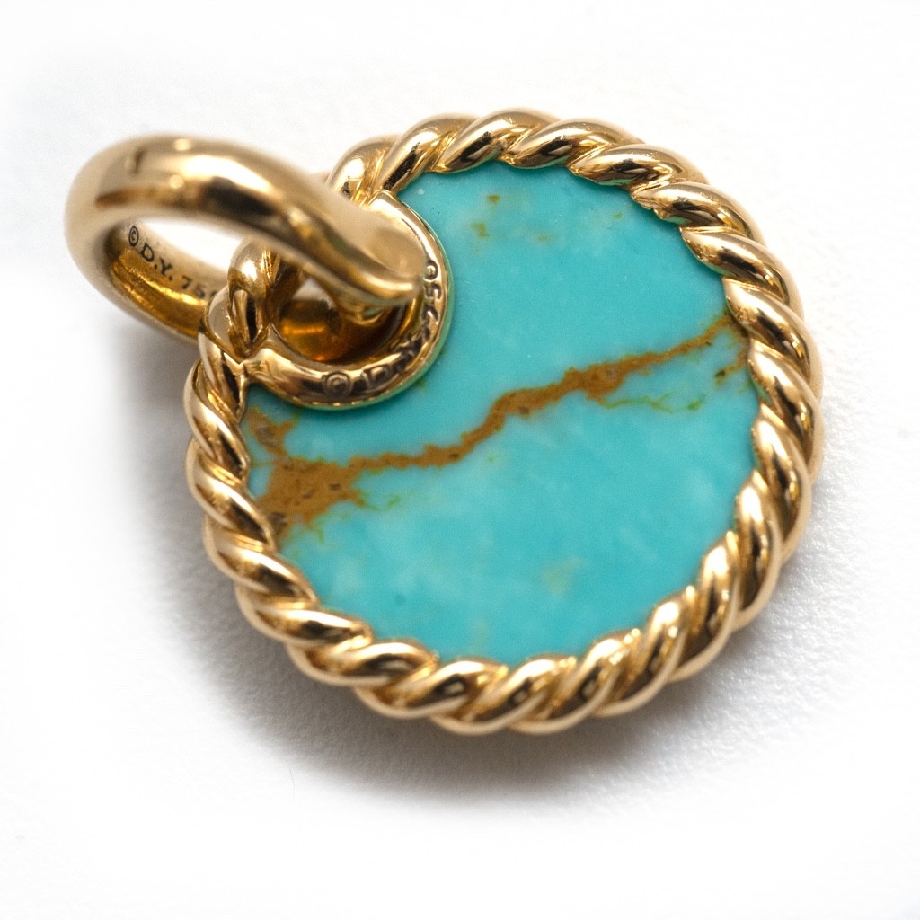 DAVID YURMAN 18K Gold & Turquoise Elements Disc 15.5mm Pendant New Authentic