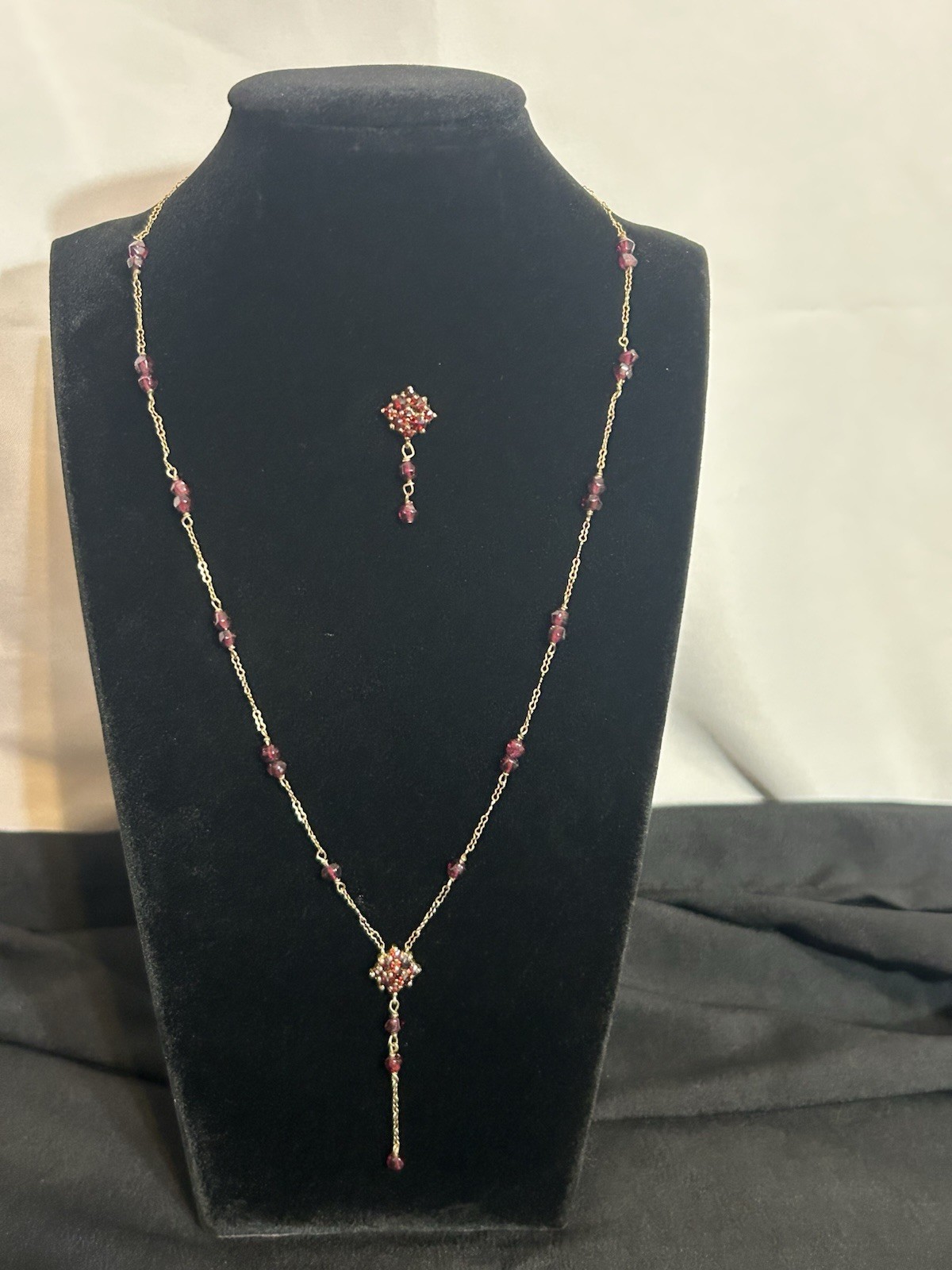 Vintage 10K, Gold Bohemian Garnet Lavalier Y-Necklace Matching Cluster Charm