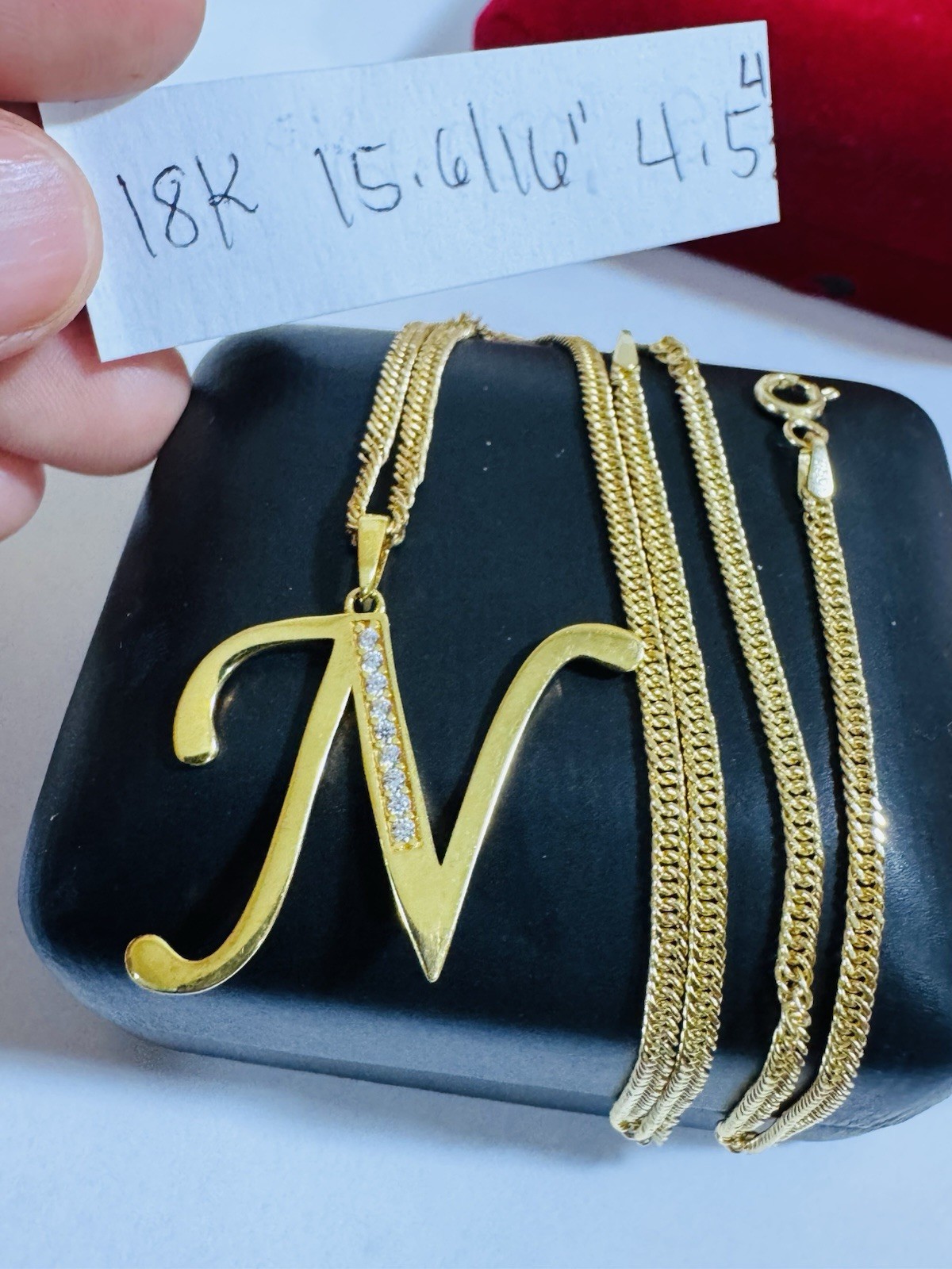 18K 750 Genuine Gold Letter N Set Necklace 15.6/16” Inch Long 4.54g 2.2mm