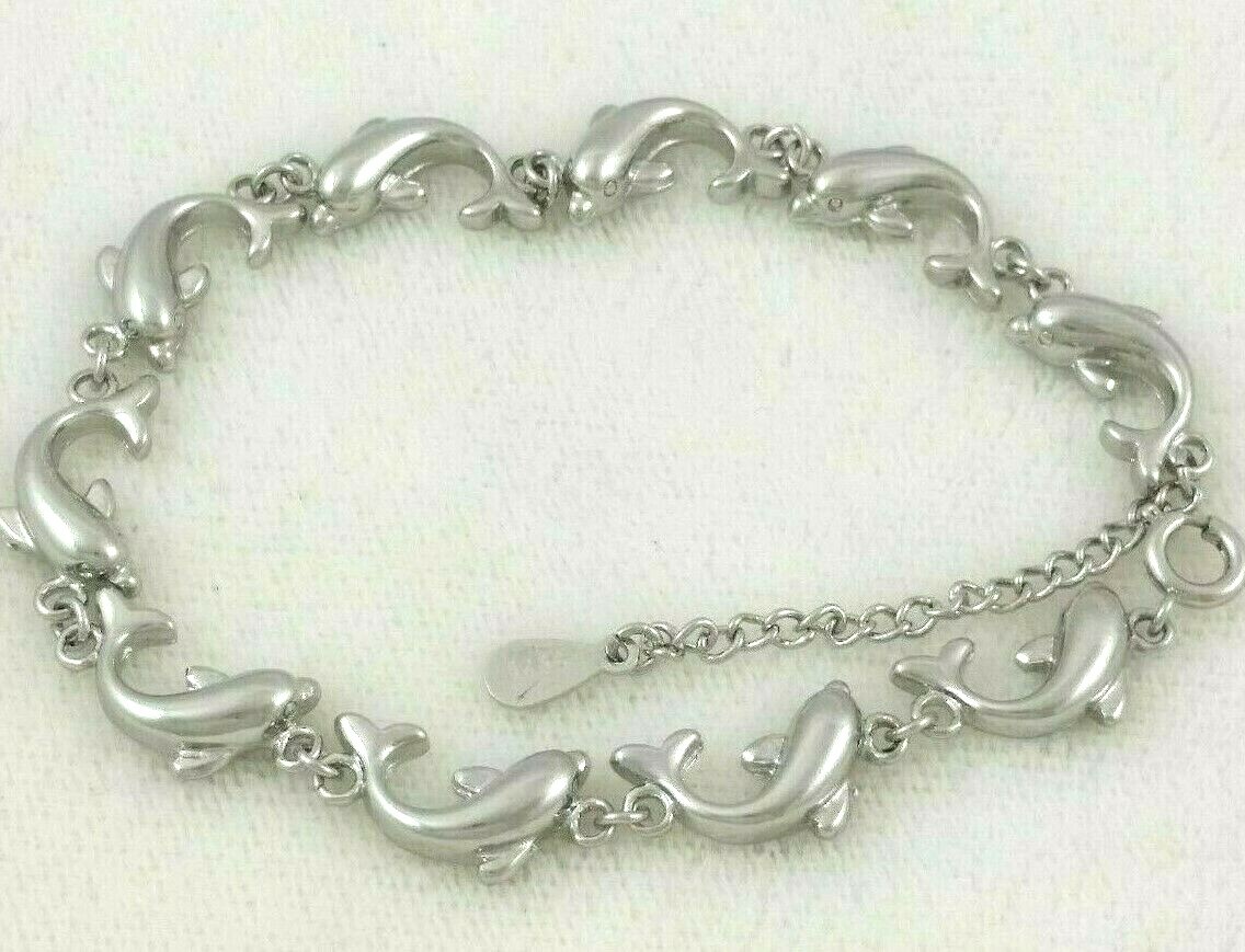 .925 Sterling Silver Classic Jumping Dolphin Link Chain Bracelet Anklet Stamped